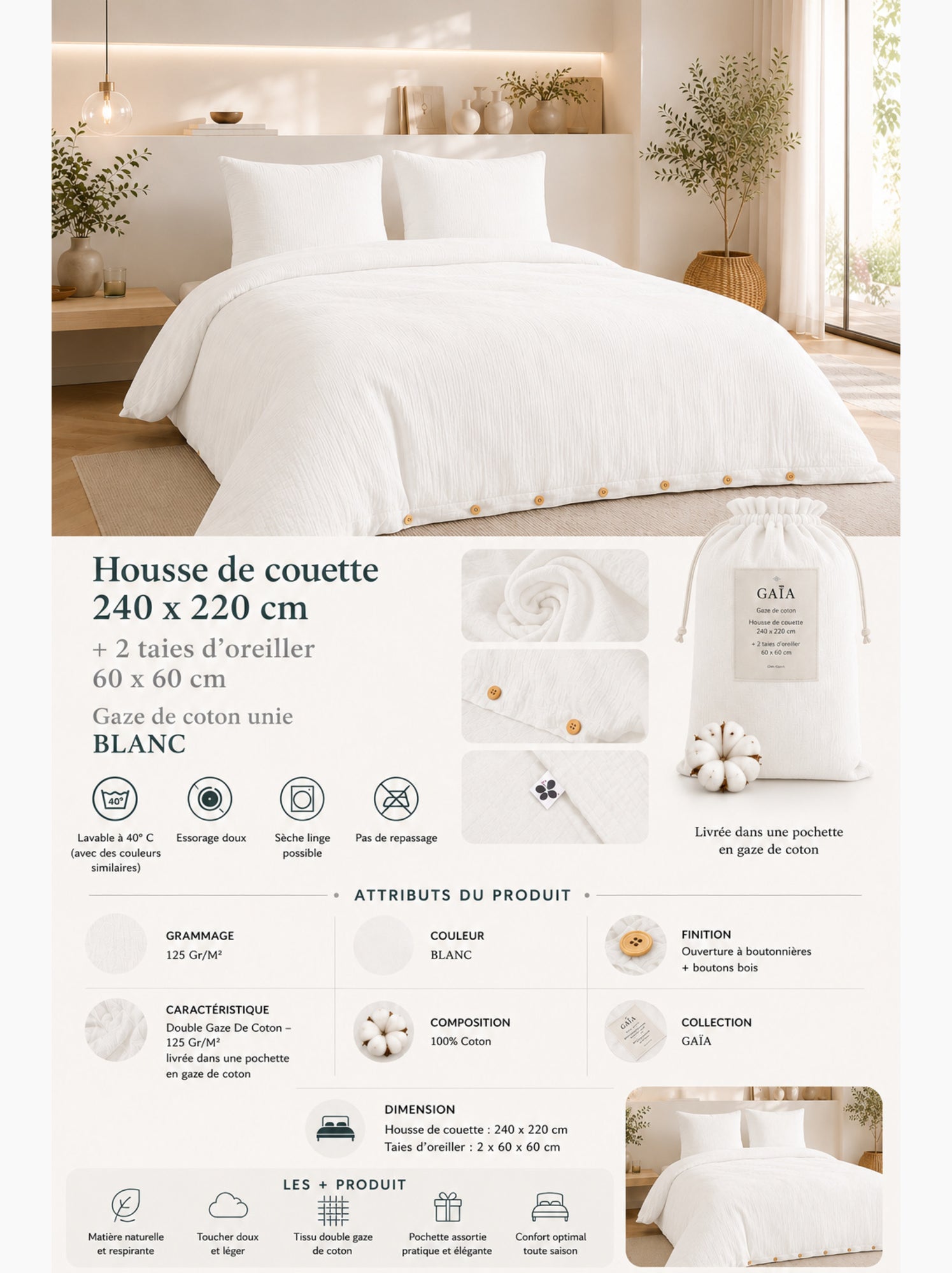 Parure de lit double gaze de coton gaïa + 2 taies 60x60 cm - Blanc