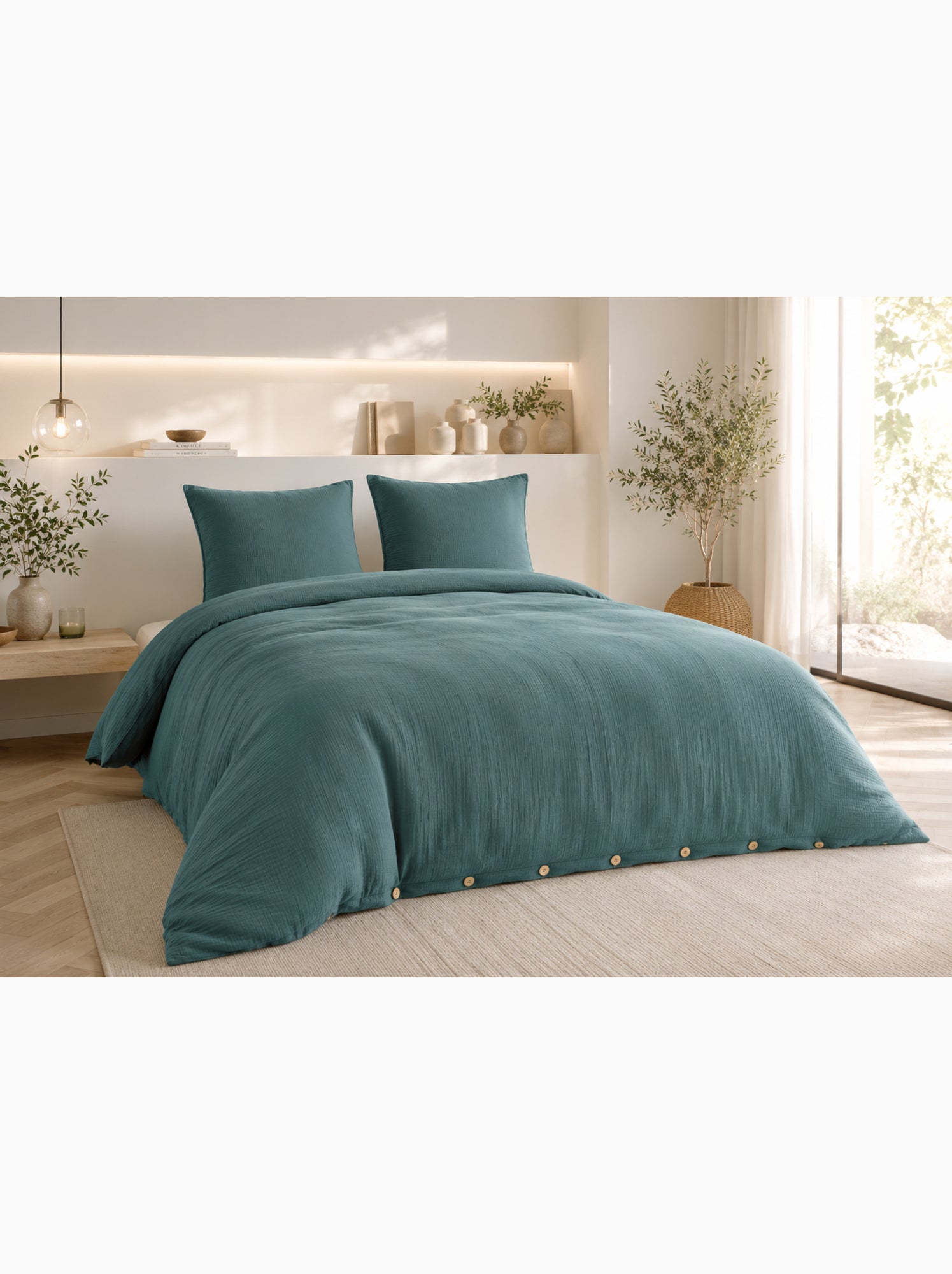 Parure de lit double gaze de coton gaïa + 2 taies 60x60 cm - Bleu canard
