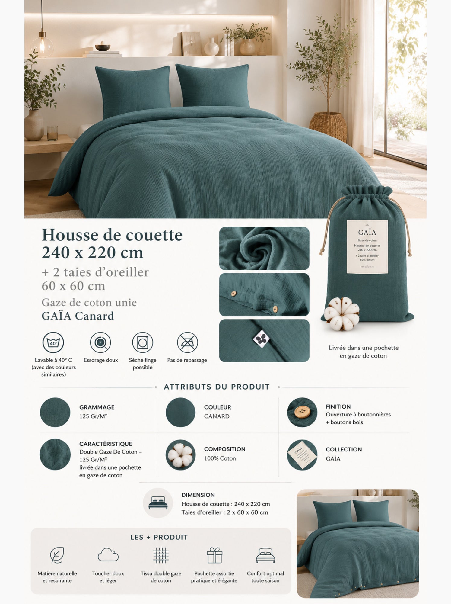Parure de lit double gaze de coton gaïa + 2 taies 60x60 cm - Bleu canard