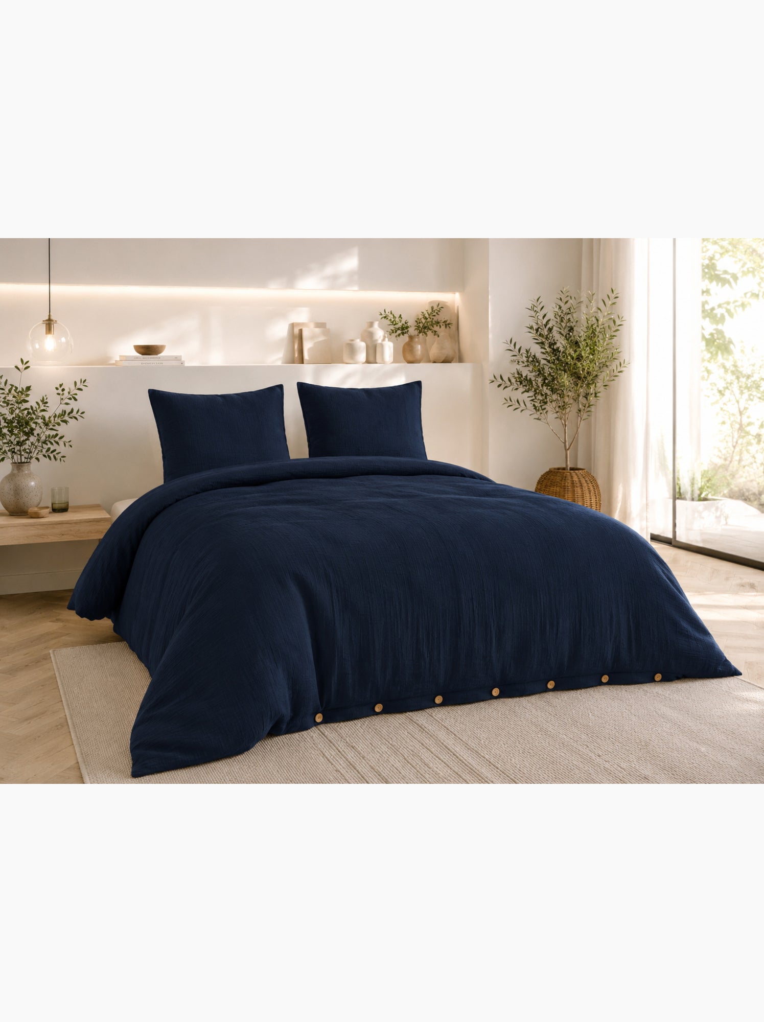 Parure de lit double gaze de coton gaïa + 2 taies 60x60 cm - Bleu nuit