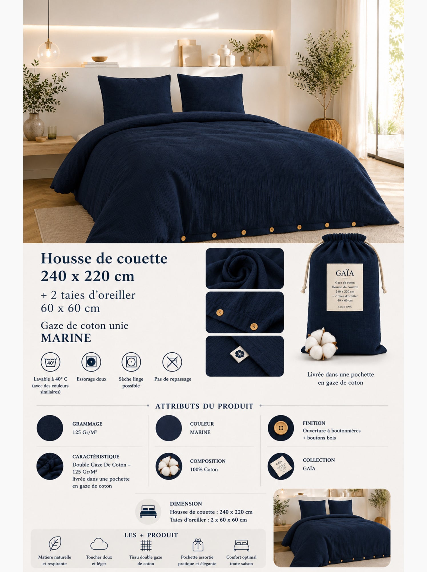 Parure de lit double gaze de coton gaïa + 2 taies 60x60 cm - Bleu nuit