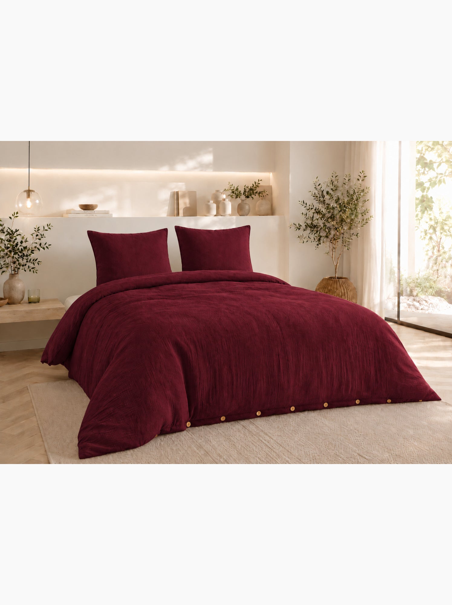 Parure de lit double gaze de coton gaïa + 2 taies 60x60 cm - Bordeaux
