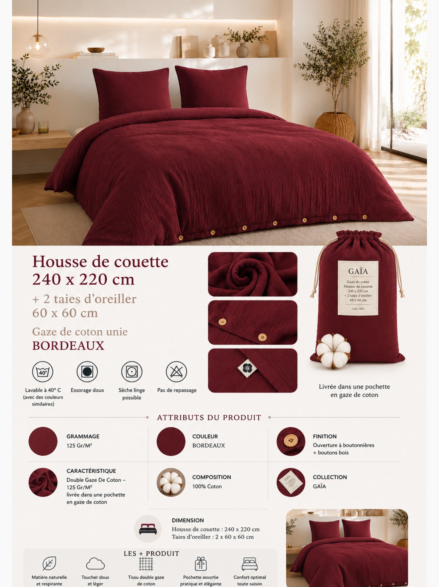 Parure de lit double gaze de coton gaïa + 2 taies 60x60 cm - Bordeaux