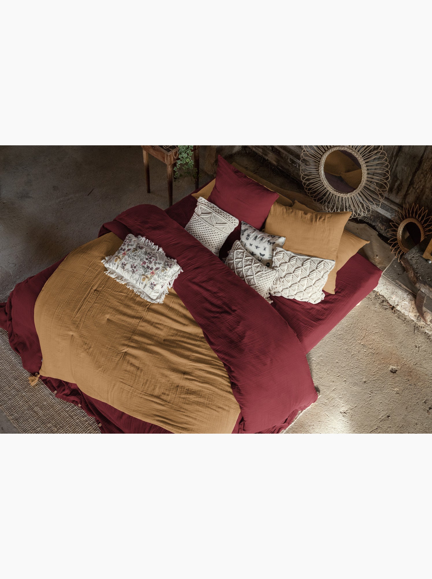 Parure de lit double gaze de coton gaïa + 2 taies 60x60 cm - Bordeaux
