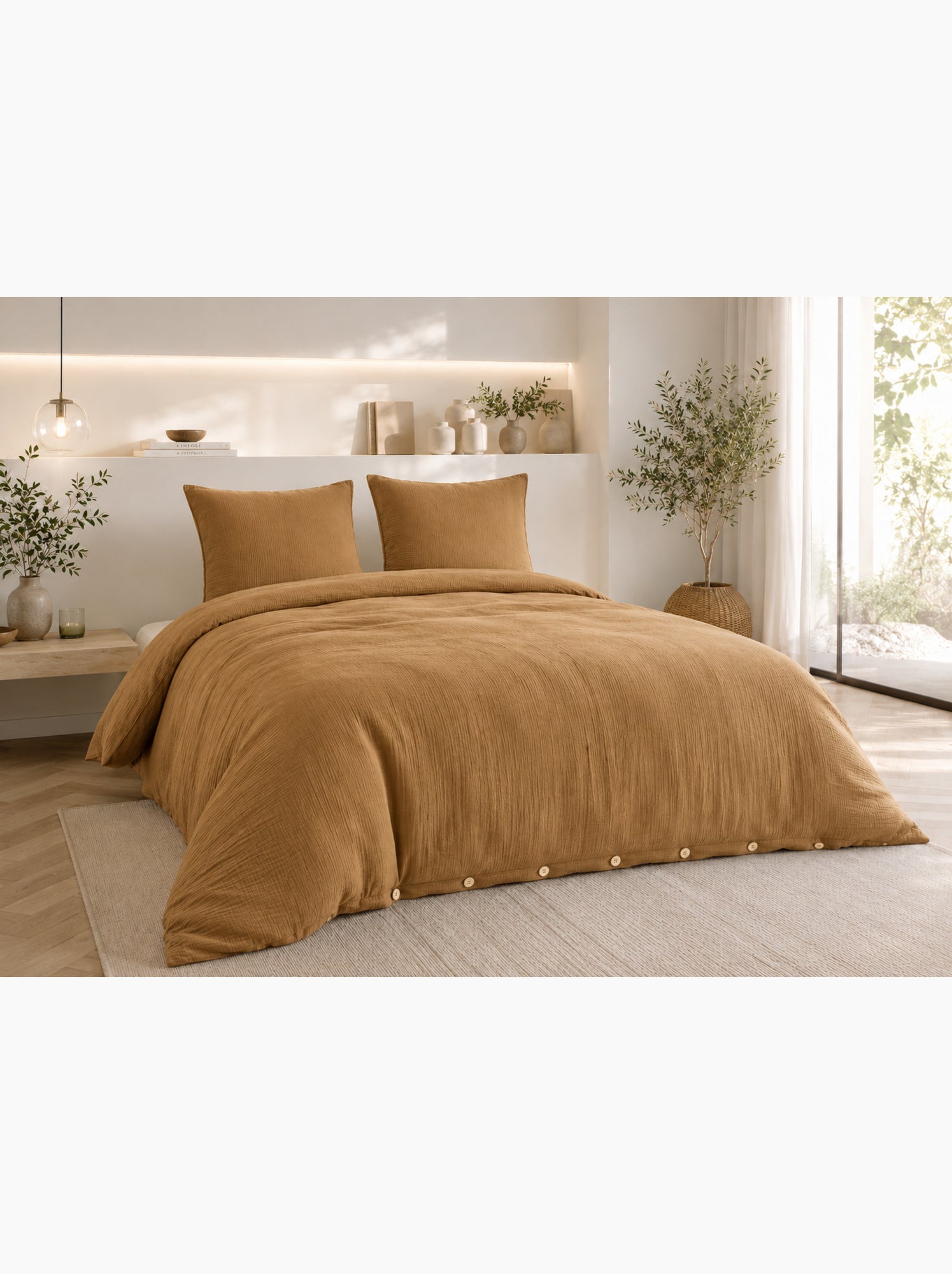 Parure de lit double gaze de coton gaïa + 2 taies 60x60 cm - Camel