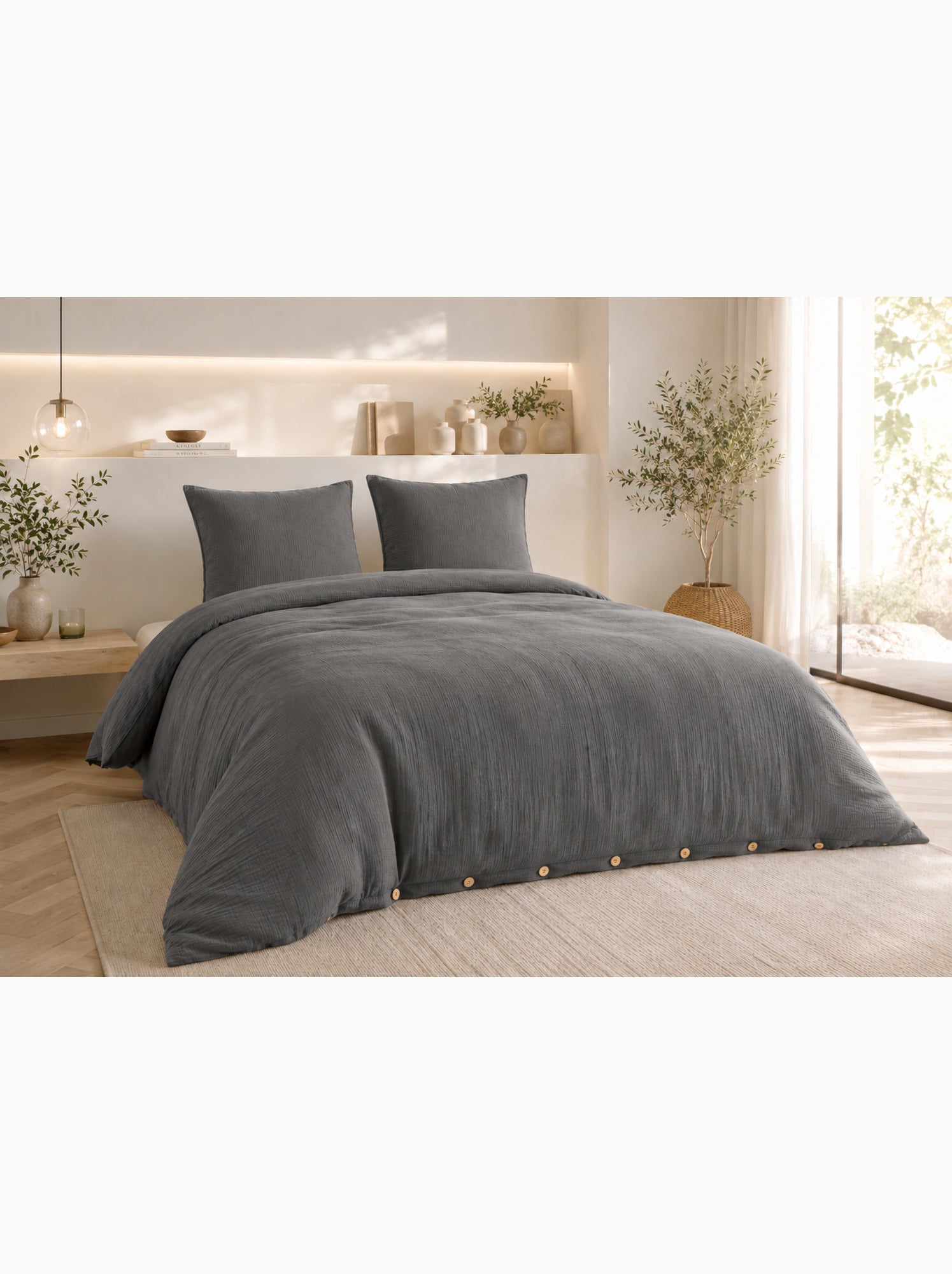 Parure de lit double gaze de coton gaïa + 2 taies 60x60 cm - gris anthracite