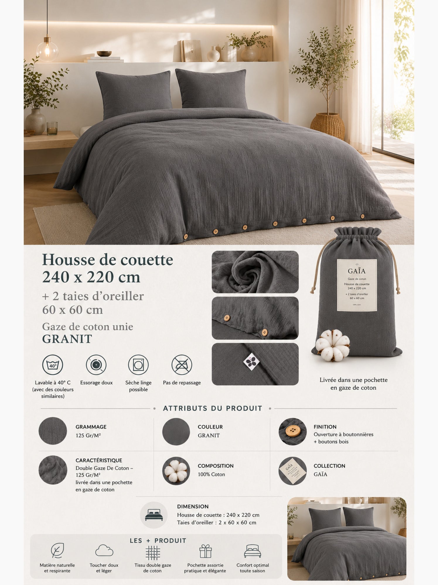 Parure de lit double gaze de coton gaïa + 2 taies 60x60 cm - gris anthracite