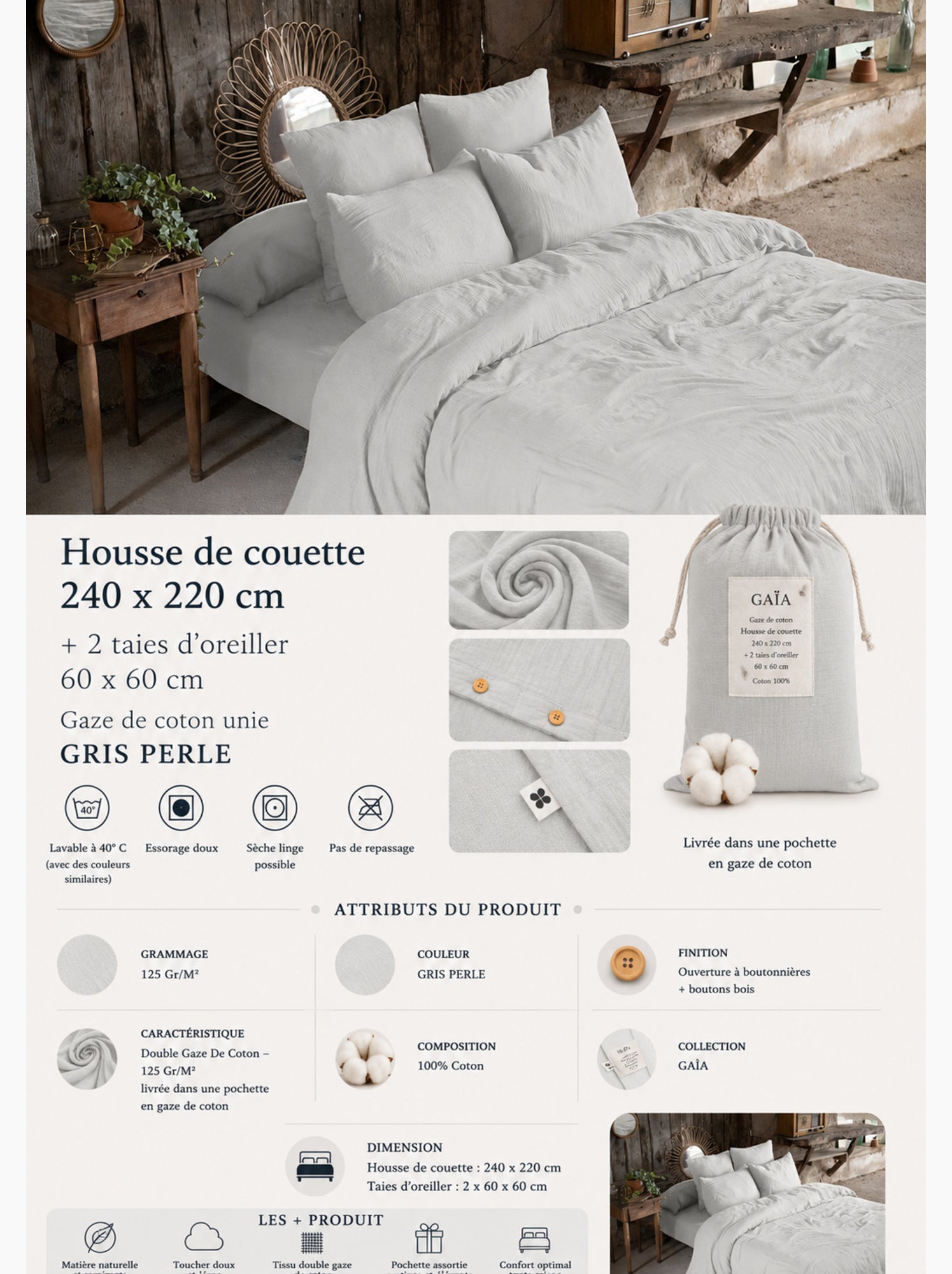 Parure de lit double gaze de coton gaïa + 2 taies 60x60 cm - Gris clair