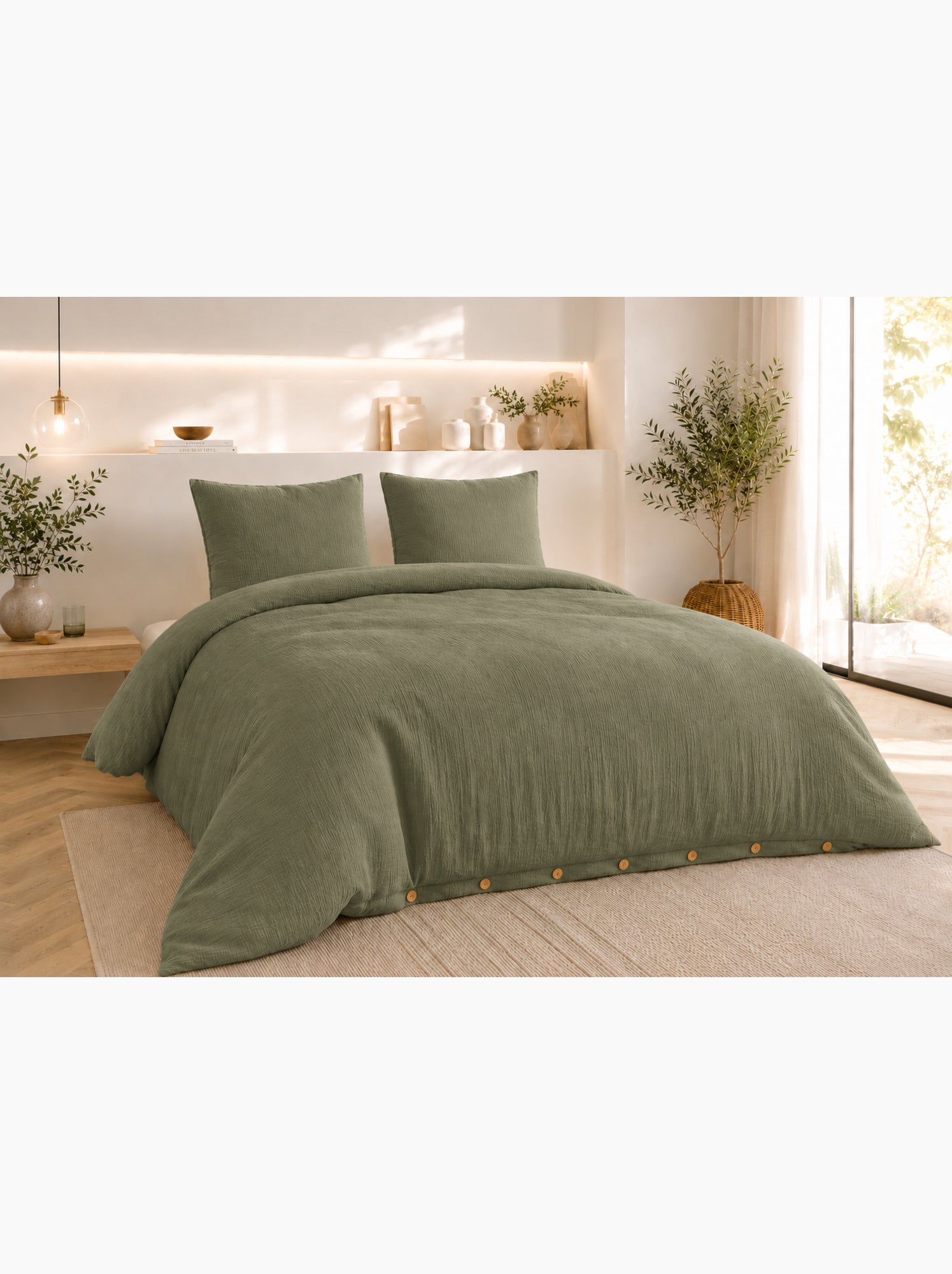 Parure de lit double gaze de coton gaïa + 2 taies 60x60 cm - Kaki