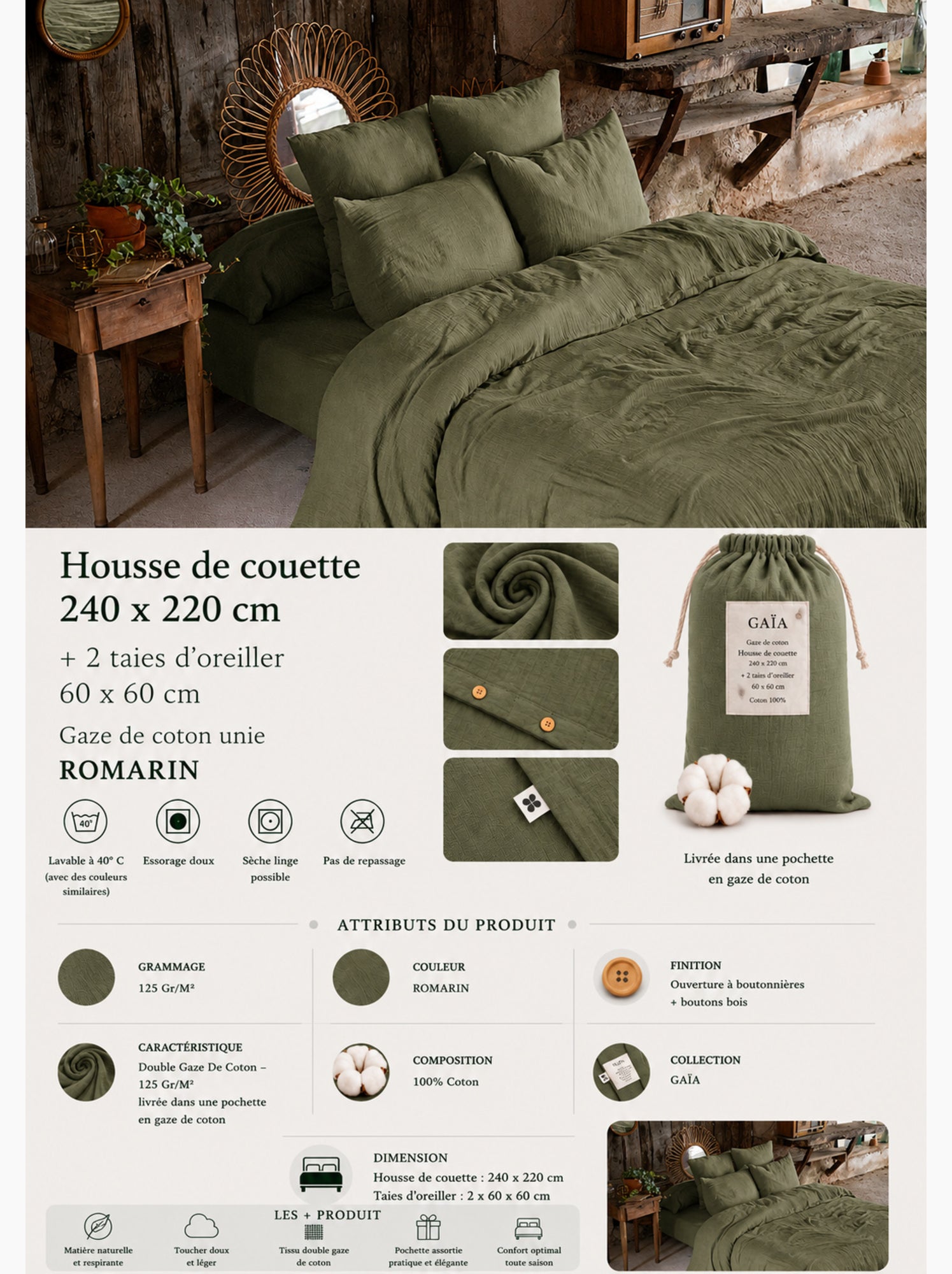 Parure de lit double gaze de coton gaïa + 2 taies 60x60 cm - Kaki