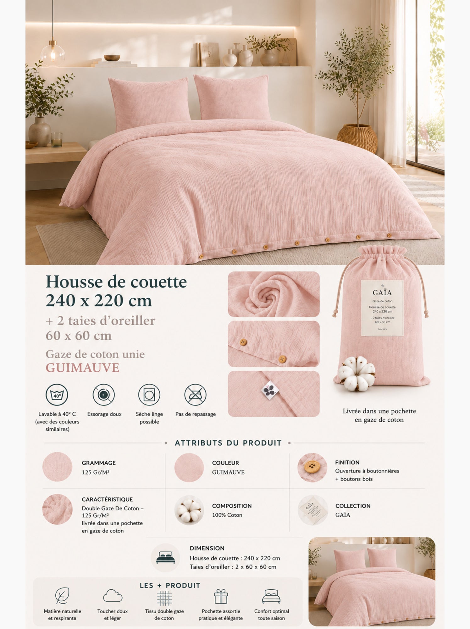 Parure de lit double gaze de coton gaïa + 2 taies 60x60 cm - Rose poudré