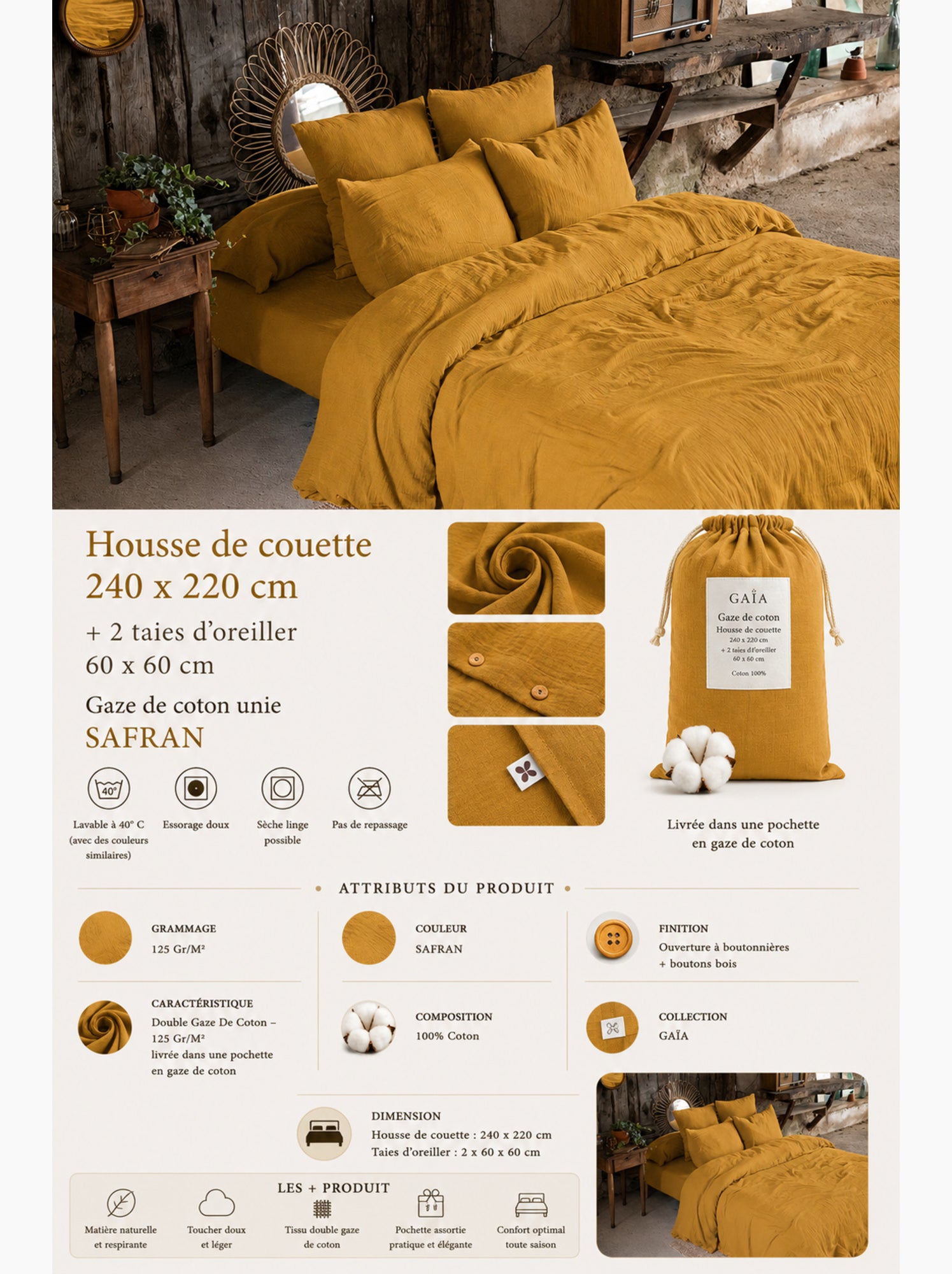 Parure de lit double gaze de coton gaïa + 2 taies 60x60 cm - Safran