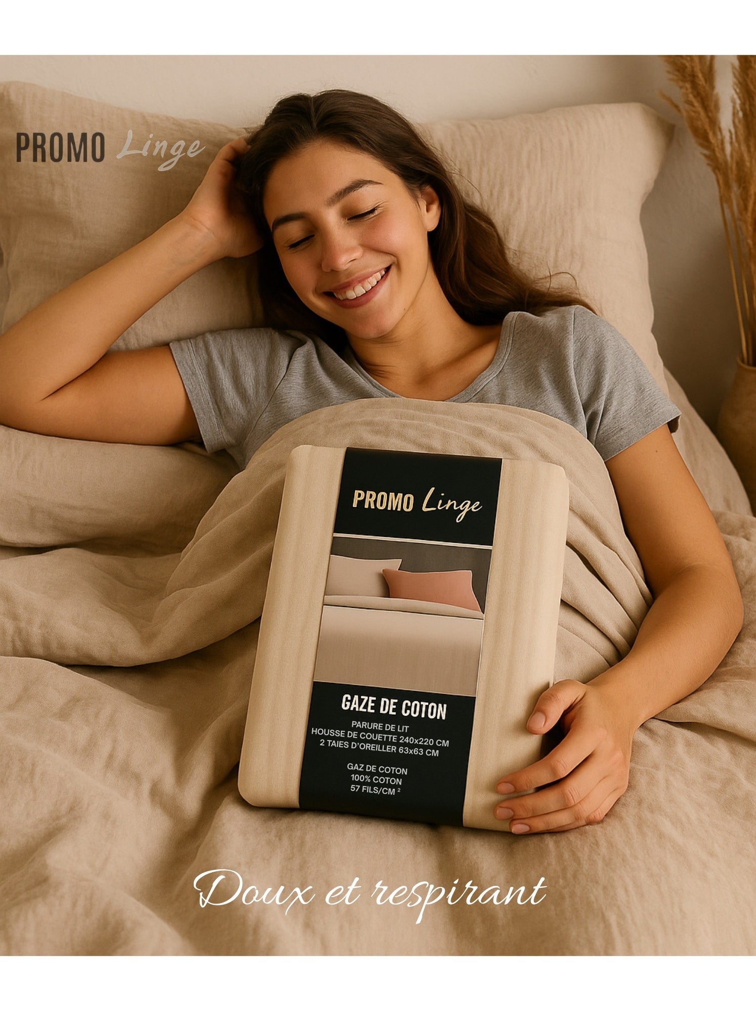 Parure de lit en Gaze de Coton - Promo linge - Beige sable