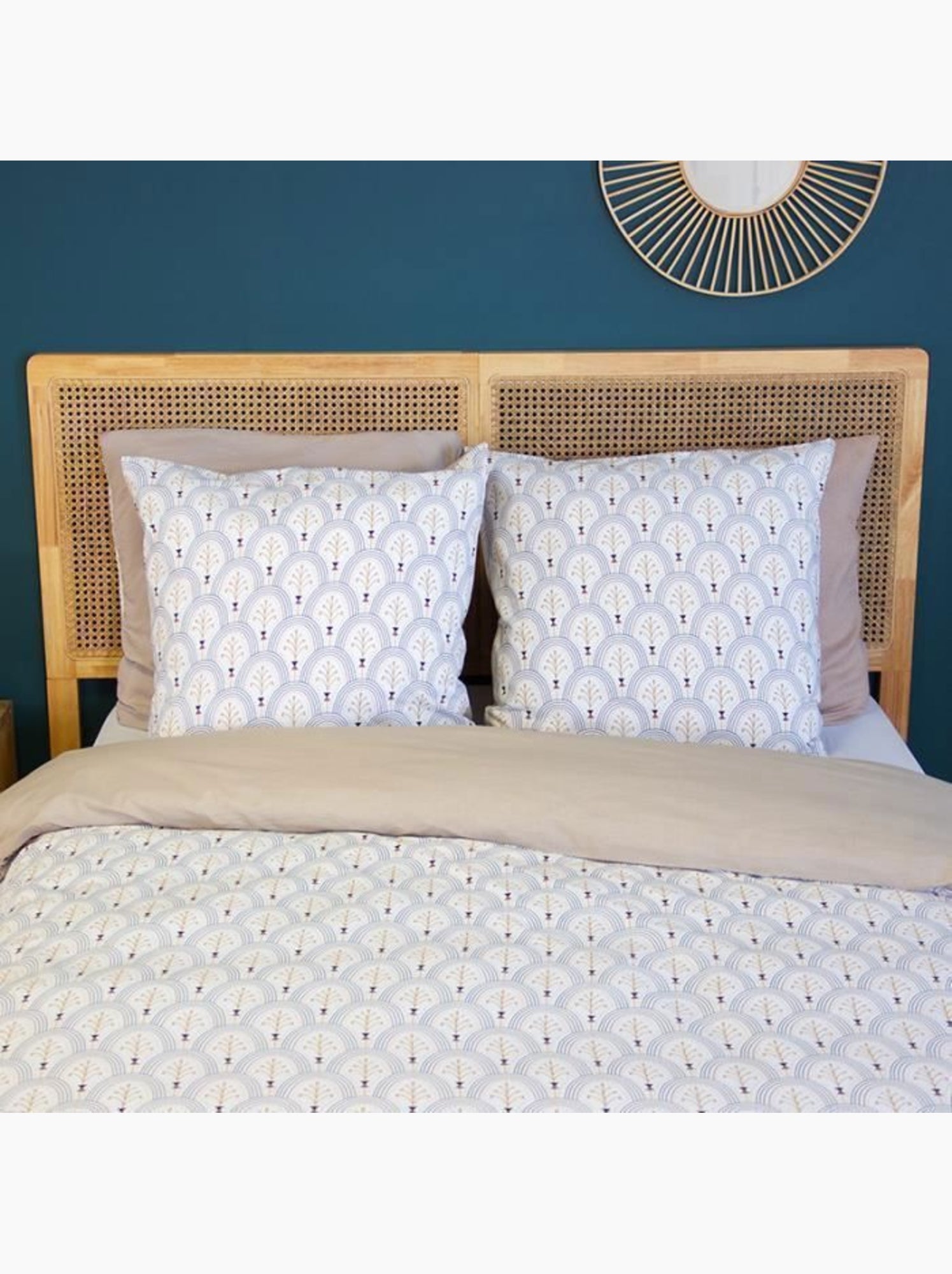 Parure de lit - housse de couette - 220x240 cm - 100% coton - réversible - géométrique blanc beige - Beige