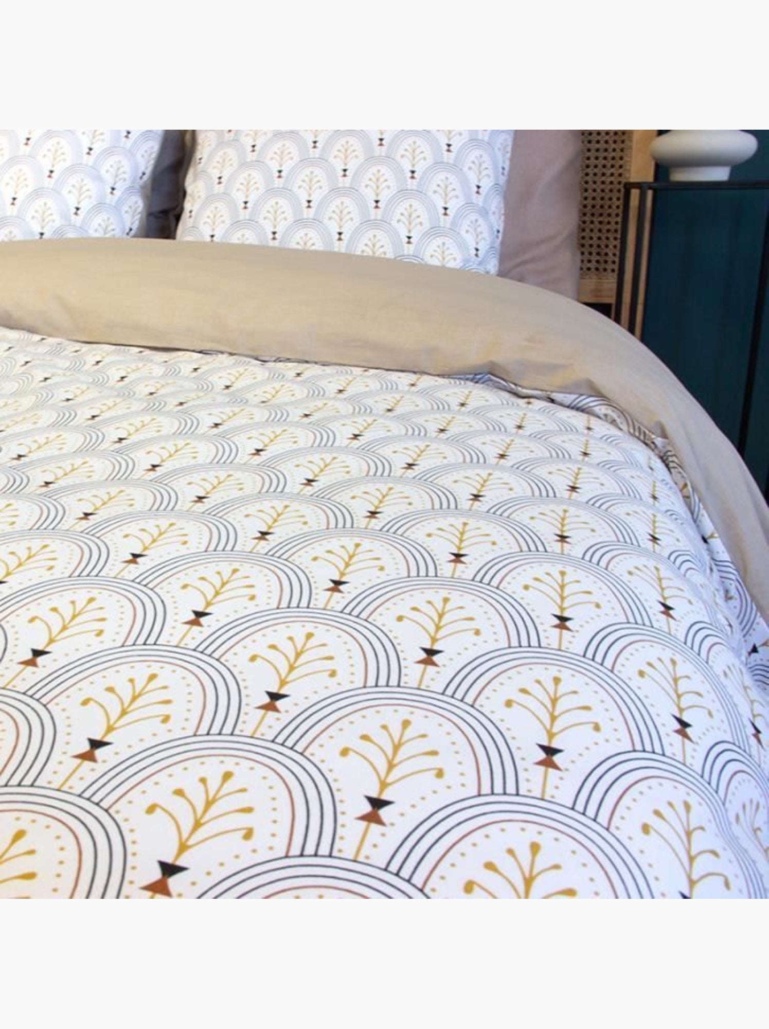Parure de lit - housse de couette - 220x240 cm - 100% coton - réversible - géométrique blanc beige - Beige