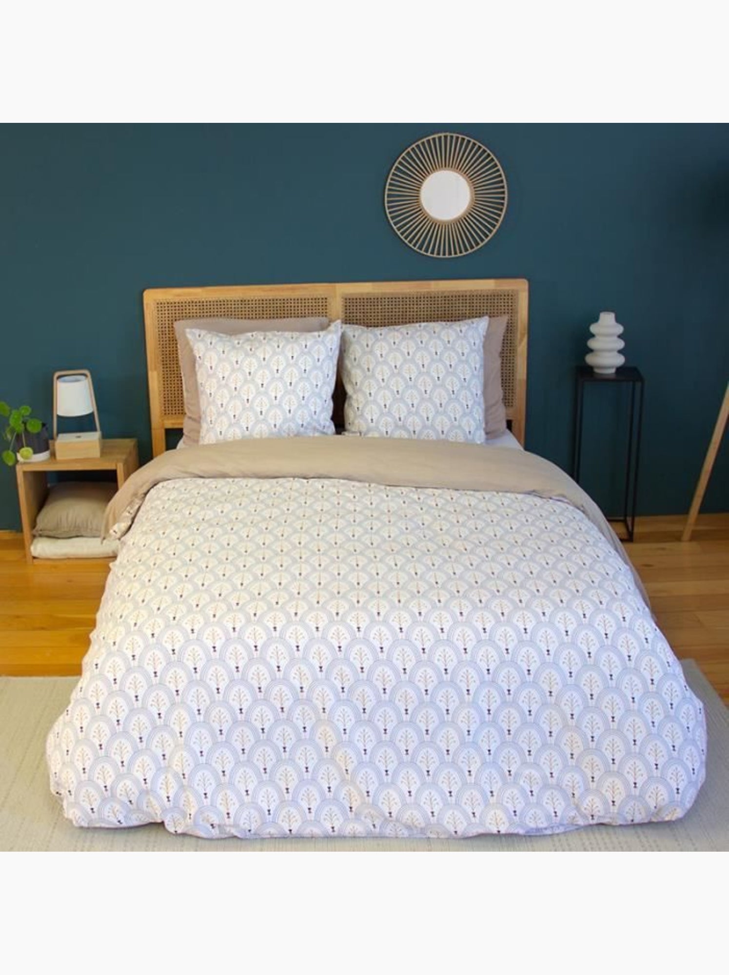 Parure de lit - housse de couette - 220x240 cm - 100% coton - réversible - géométrique blanc beige - Beige