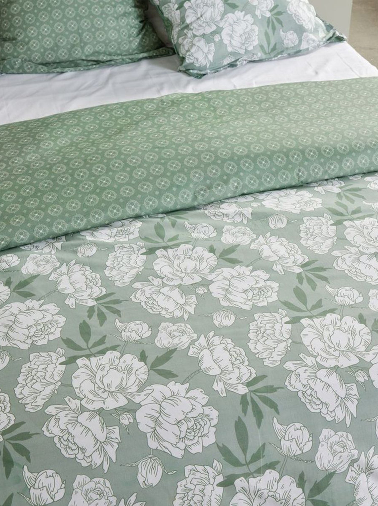 Parure de lit imprimé fleurs réversible - 2 personnes - Vert