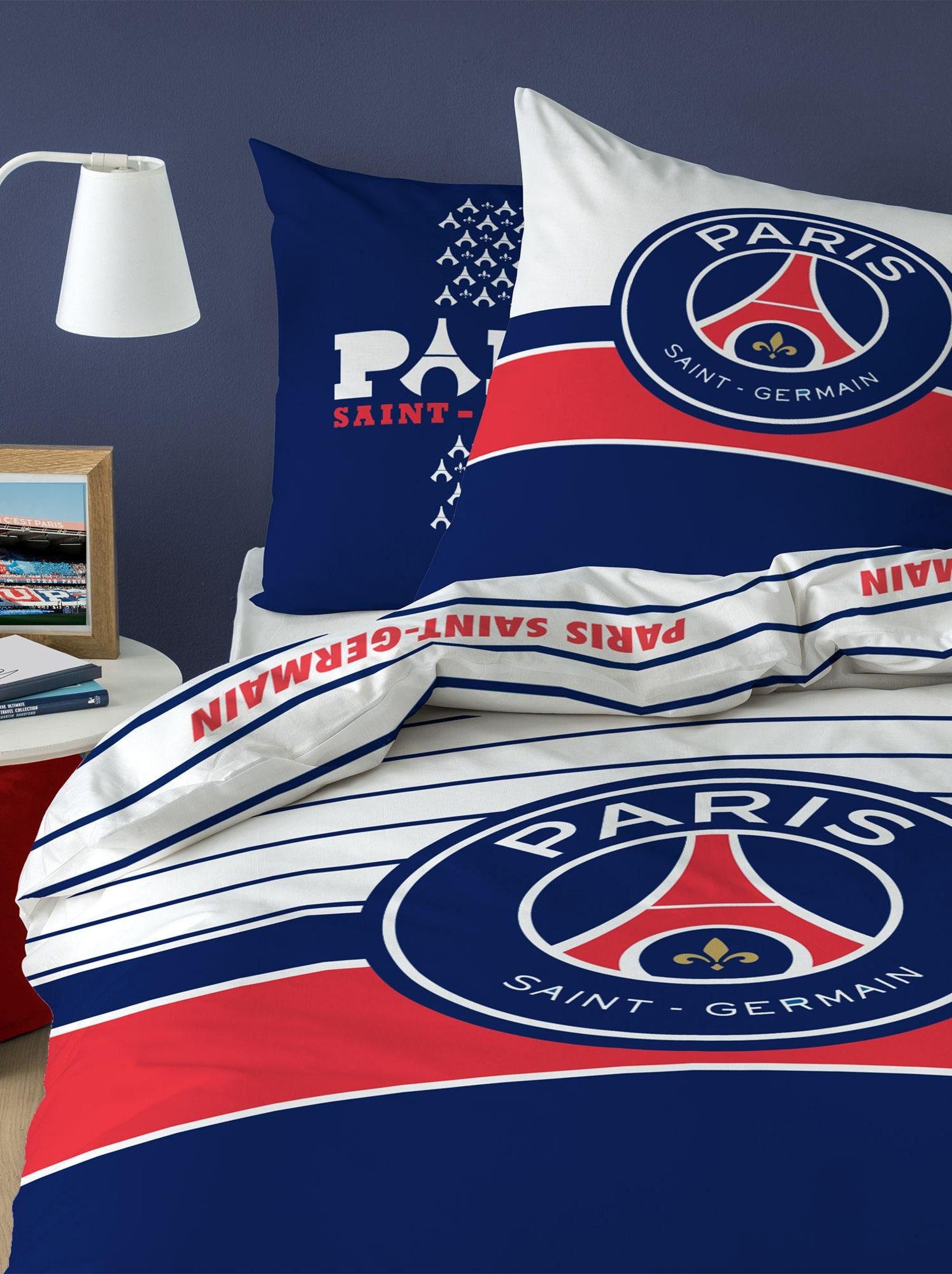 Parure de lit imprimée 100% coton, psg logo - Bleu