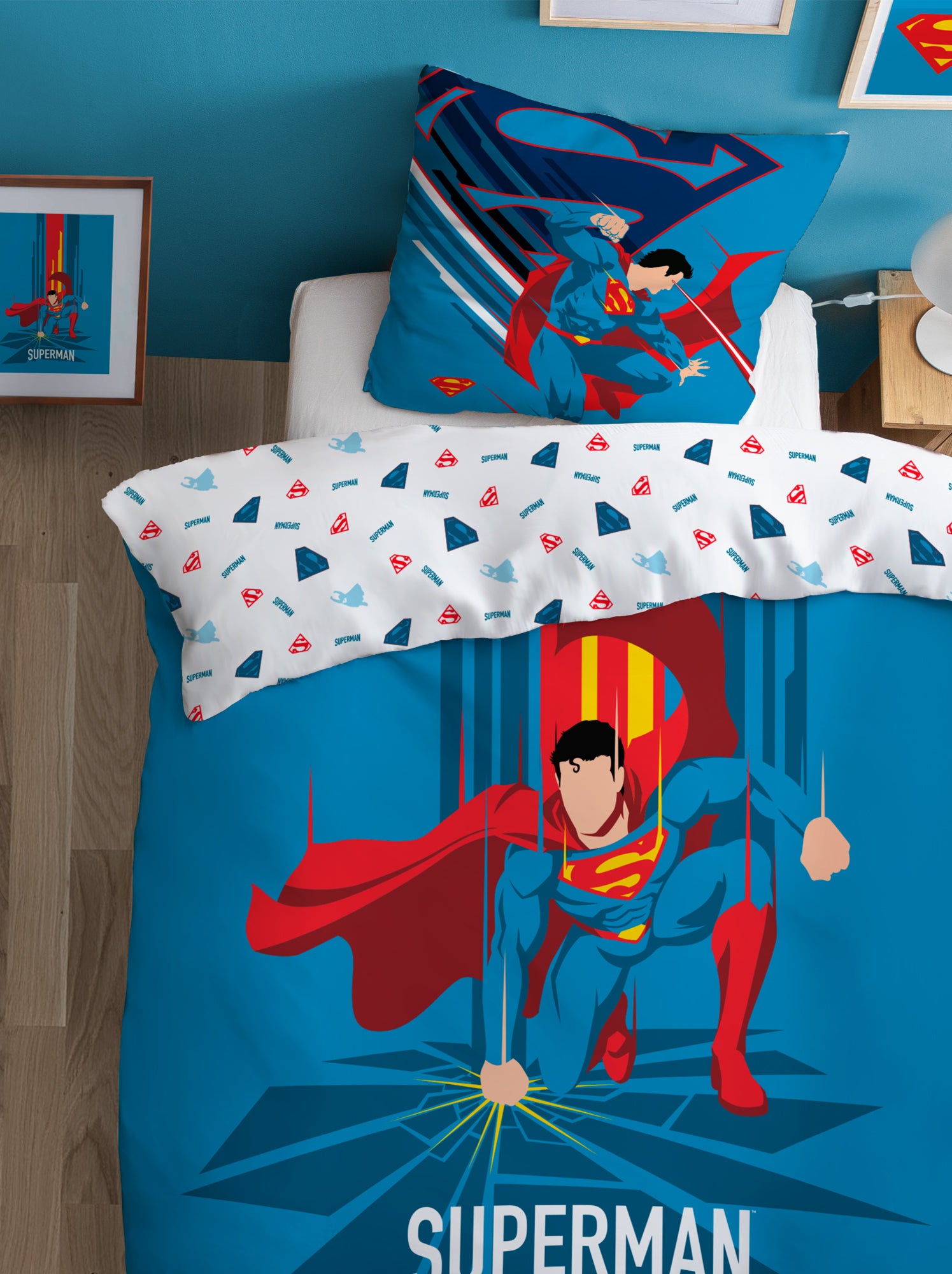 Parure de lit imprimée 100% coton, SUPERMAN SUPERA - Bleu