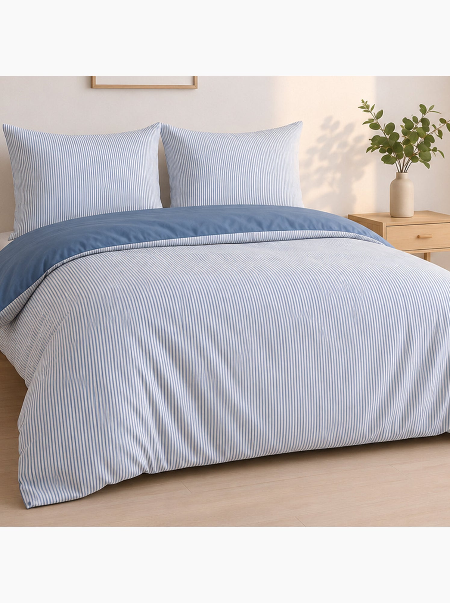 Parure de lit mini seersucker motif rayure, Milleray - Bleu denim