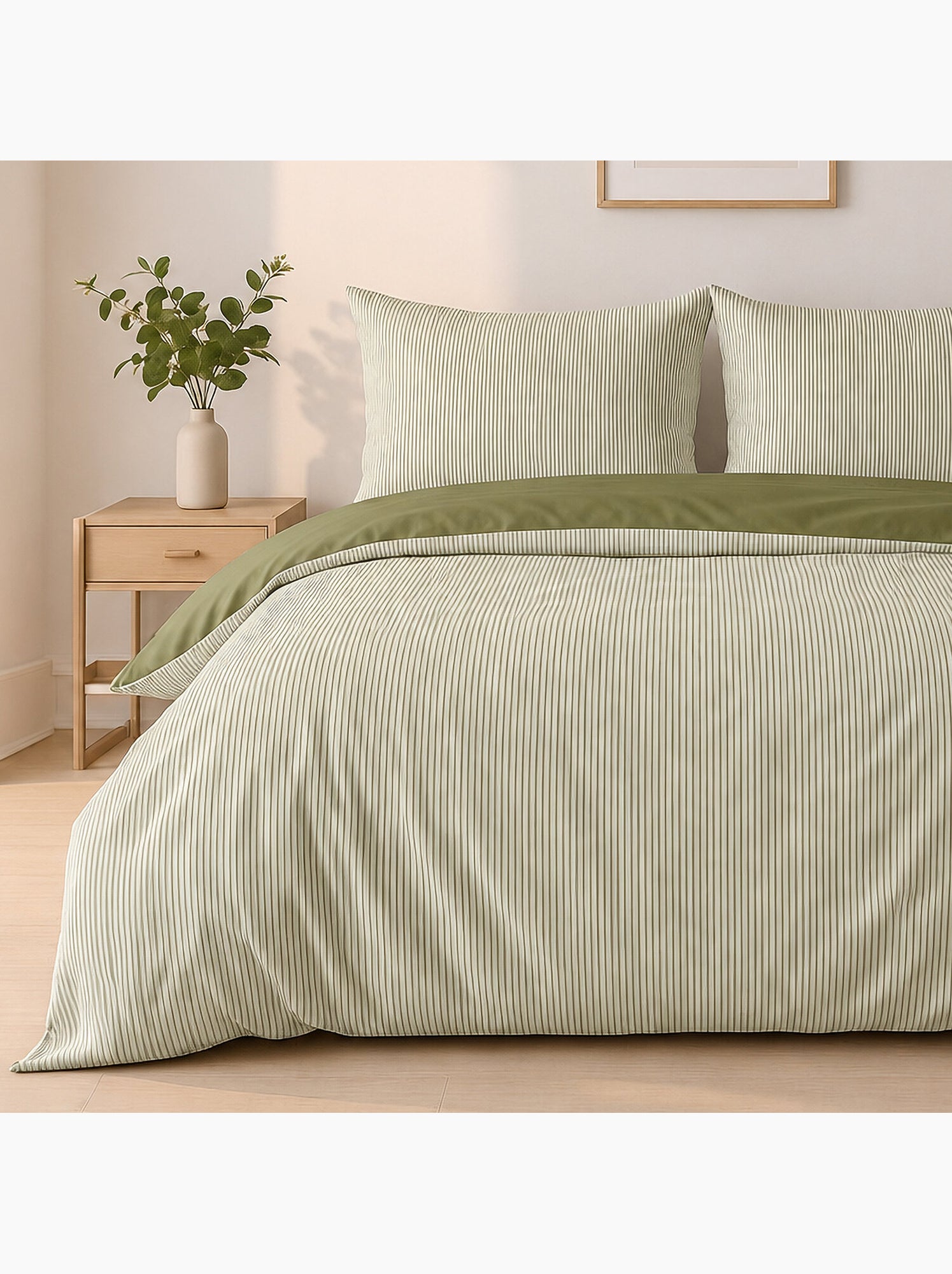 Parure de lit mini seersucker motif rayure, Milleray - Vert olive