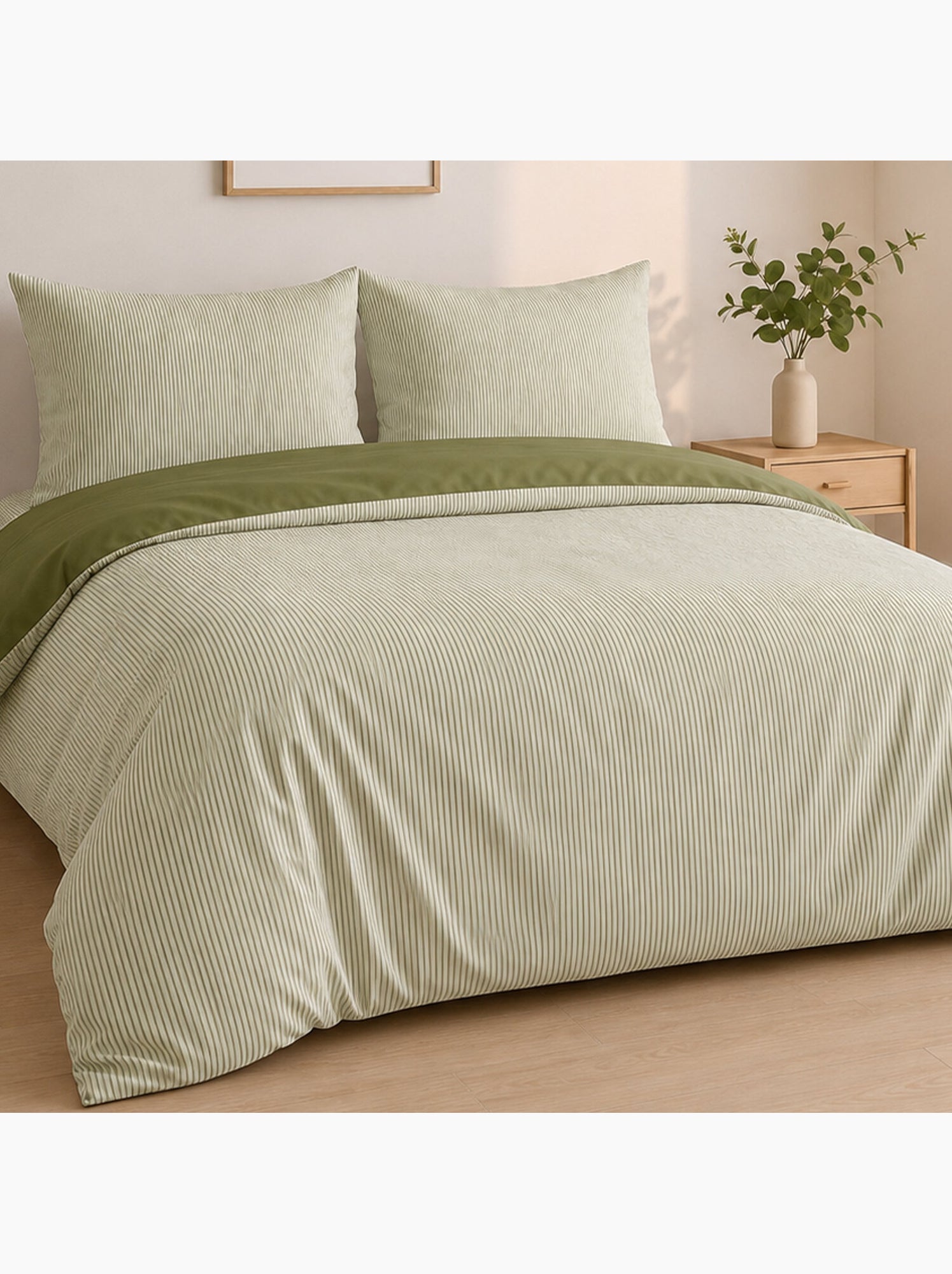 Parure de lit mini seersucker motif rayure, Milleray - Vert olive