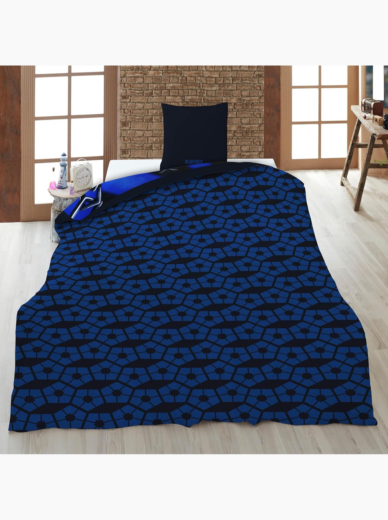 Parure de lit réversible blue lock noir et bleu - 140 cm x 200 cm - Multicolore