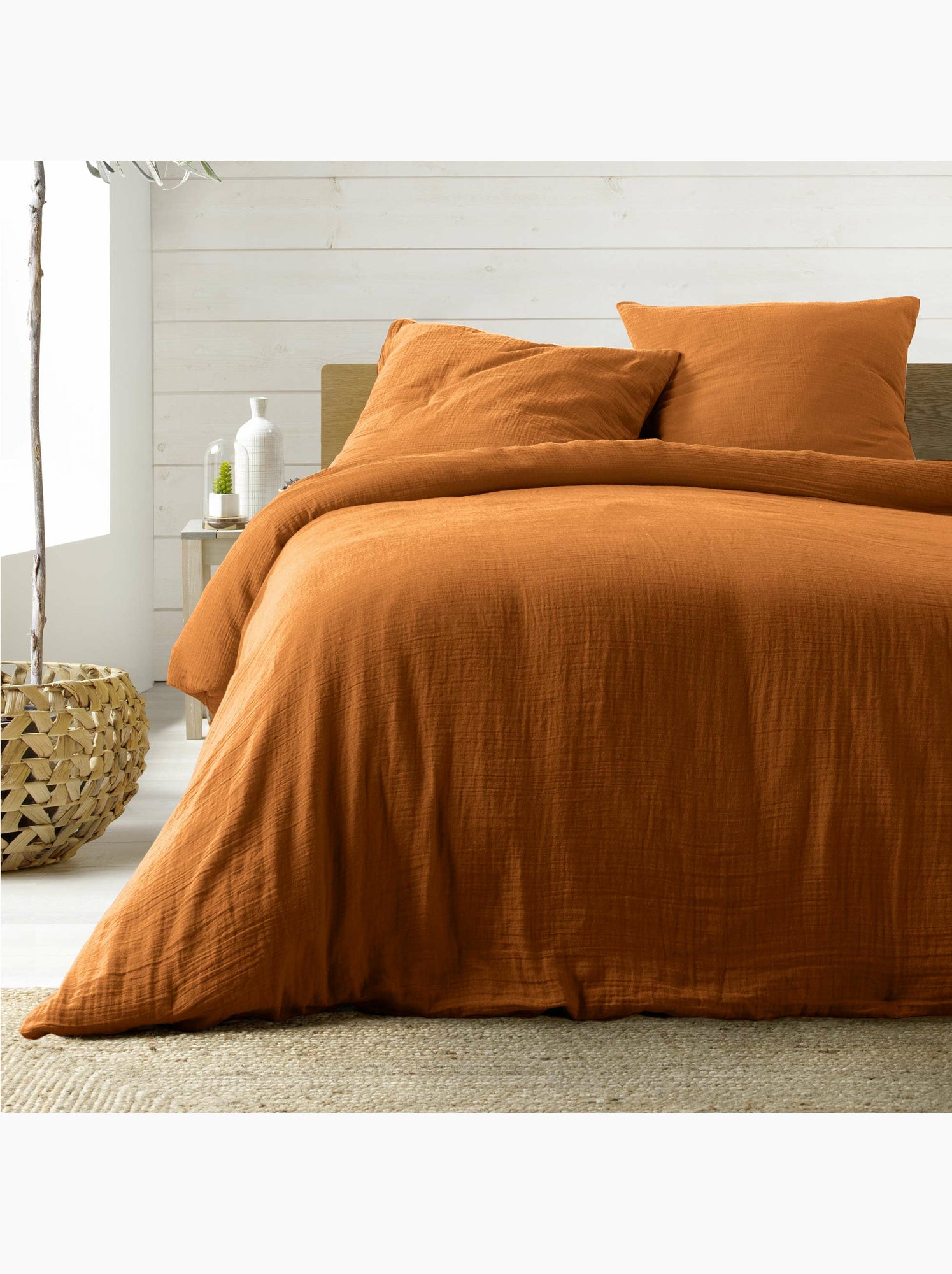 Parure de lit sienna + 2 taies 63x63 cm – double face gaze de coton & coton 57 fils - Marron caramel