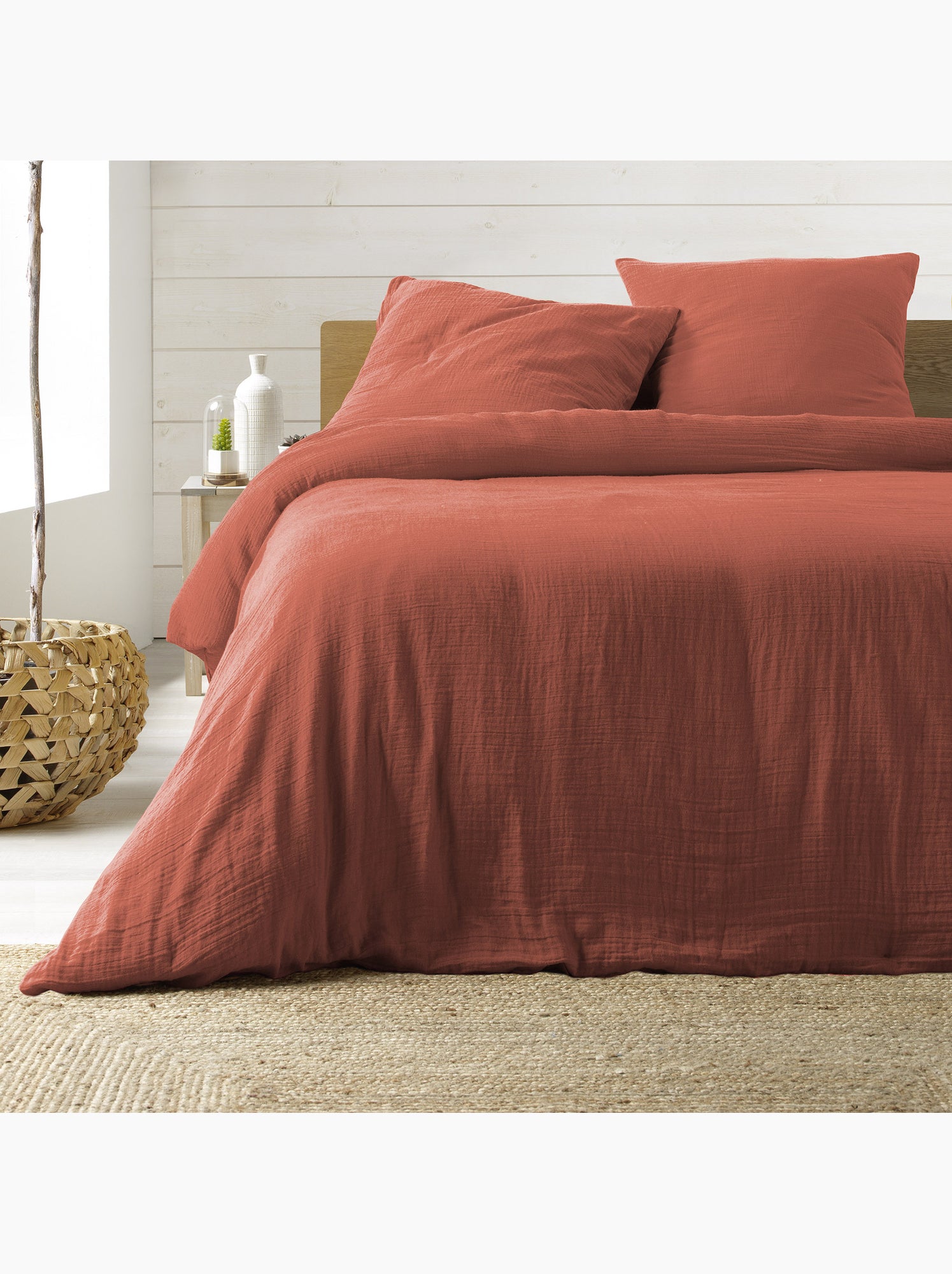 Parure de lit sienna + 2 taies 63x63 cm – double face gaze de coton & coton 57 fils - Terracotta