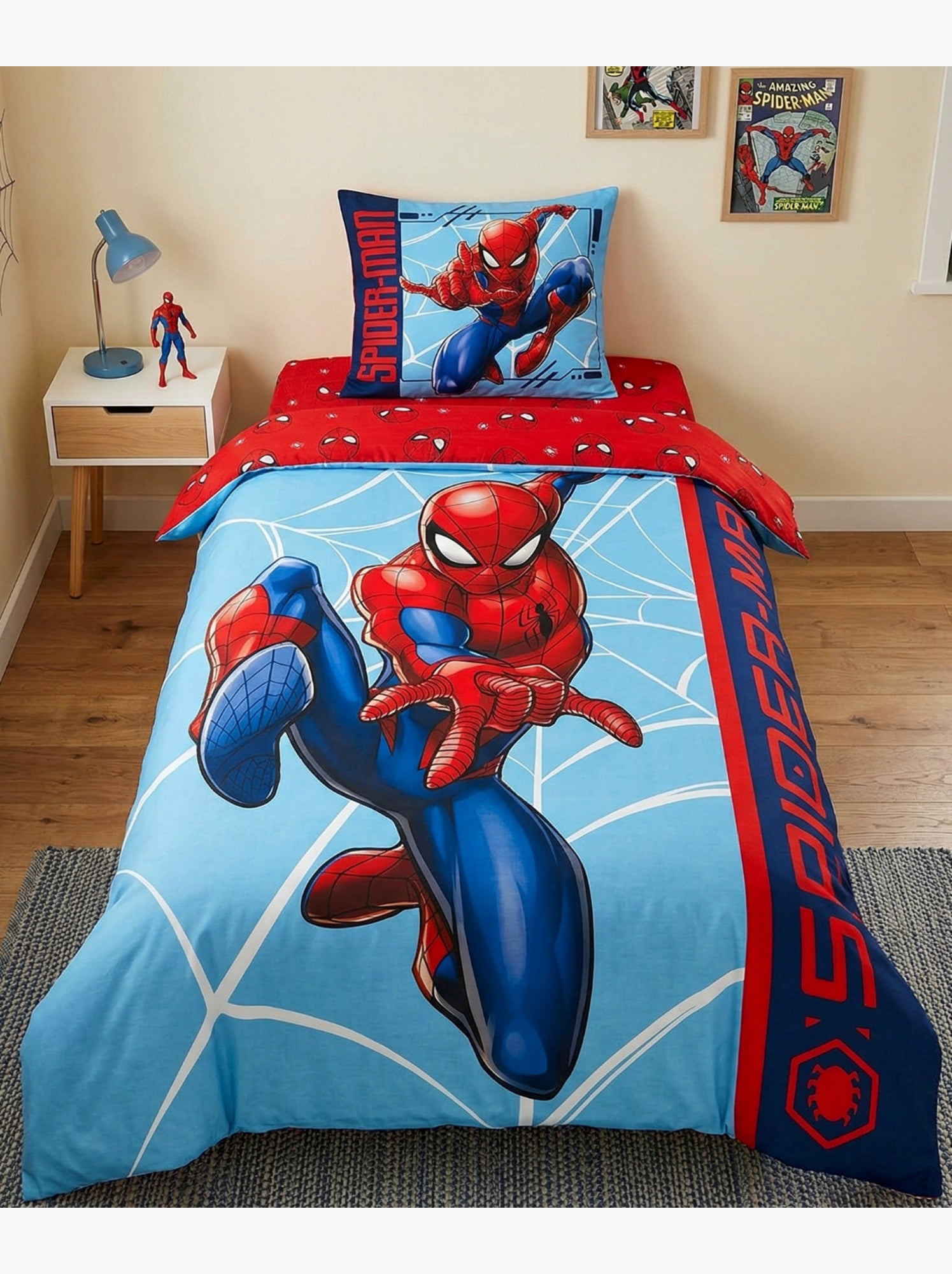 Parure de Lit Spiderman Comics, 100% Coton Oeko-Tex, Imprimée Réversible, Lit 1 place - Bleu Bleu