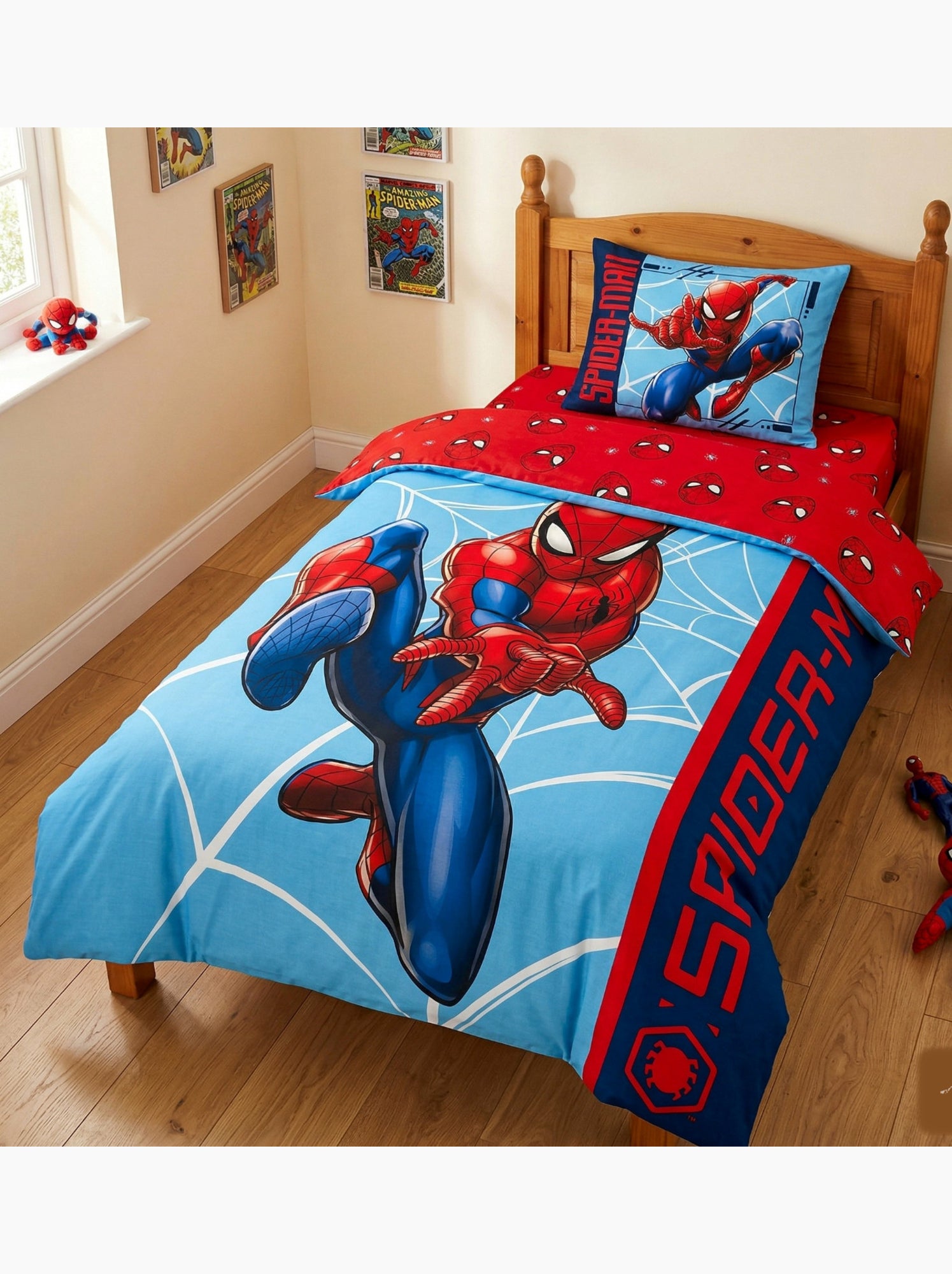 Parure de Lit Spiderman Comics, 100% Coton Oeko-Tex, Imprimée Réversible, Lit 1 place - Bleu Bleu