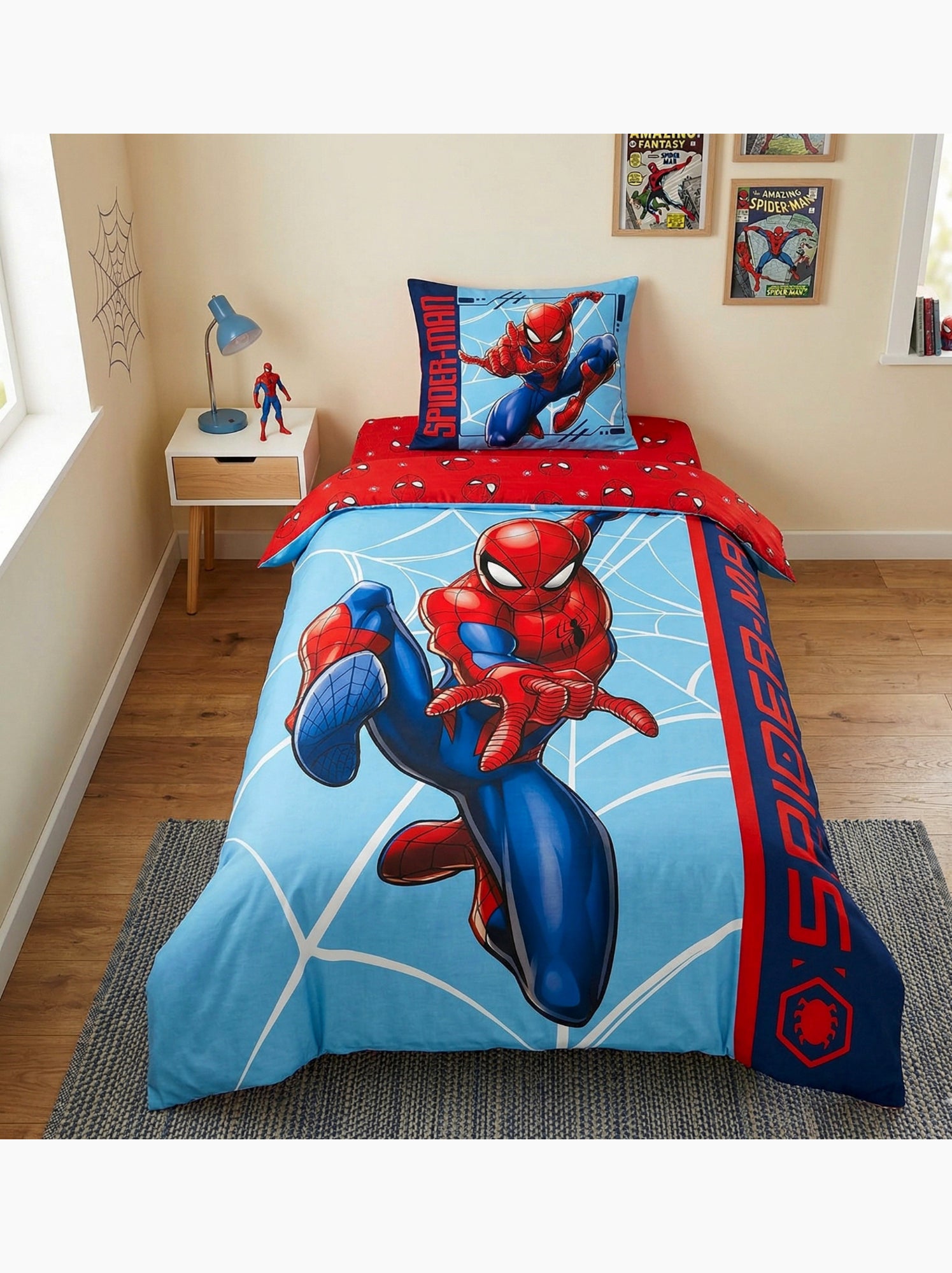 Parure de Lit Spiderman Comics, 100% Coton Oeko-Tex, Imprimée Réversible, Lit 1 place - Bleu Bleu