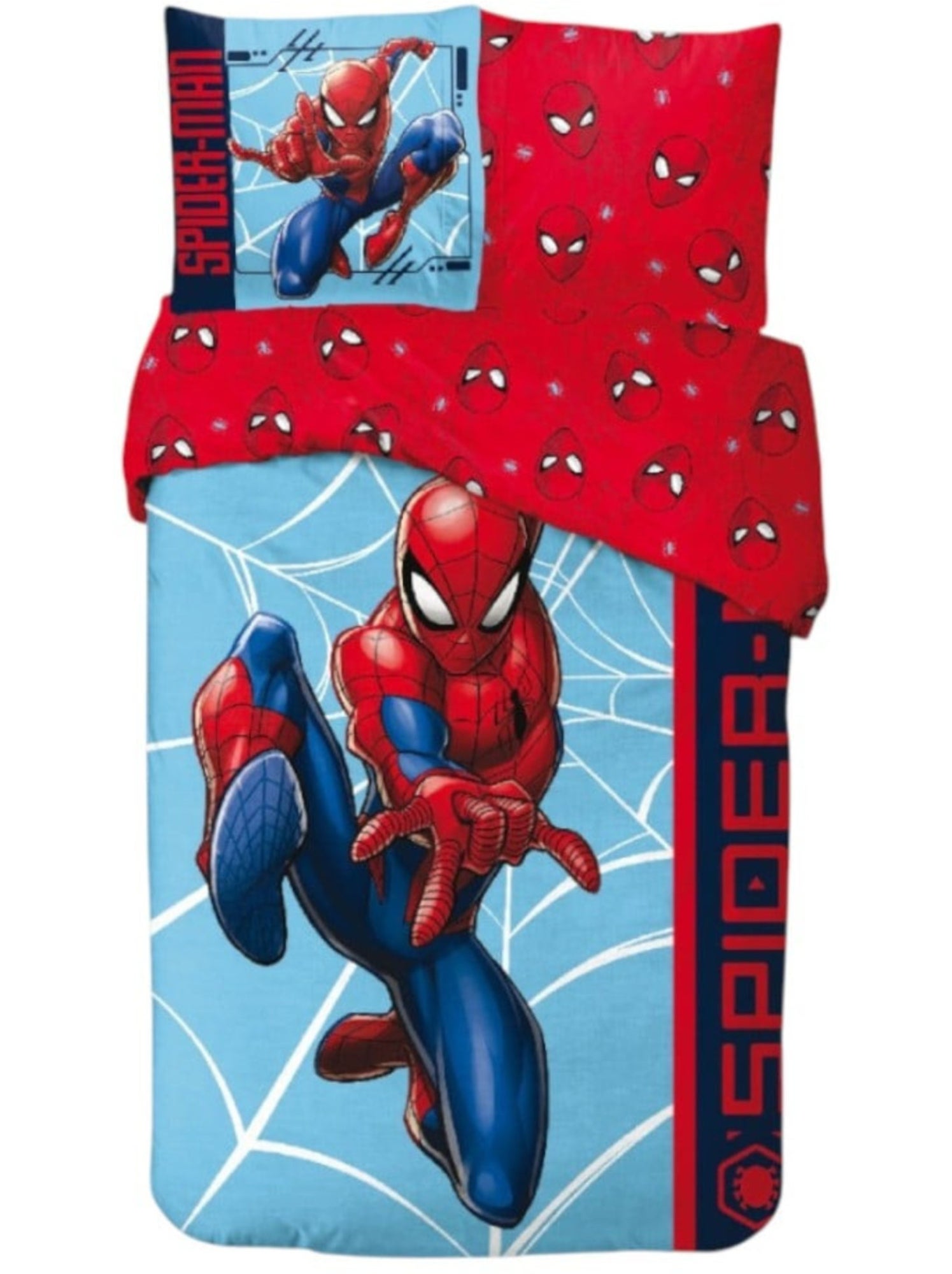 Parure de Lit Spiderman Comics, 100% Coton Oeko-Tex, Imprimée Réversible, Lit 1 place - Bleu Bleu