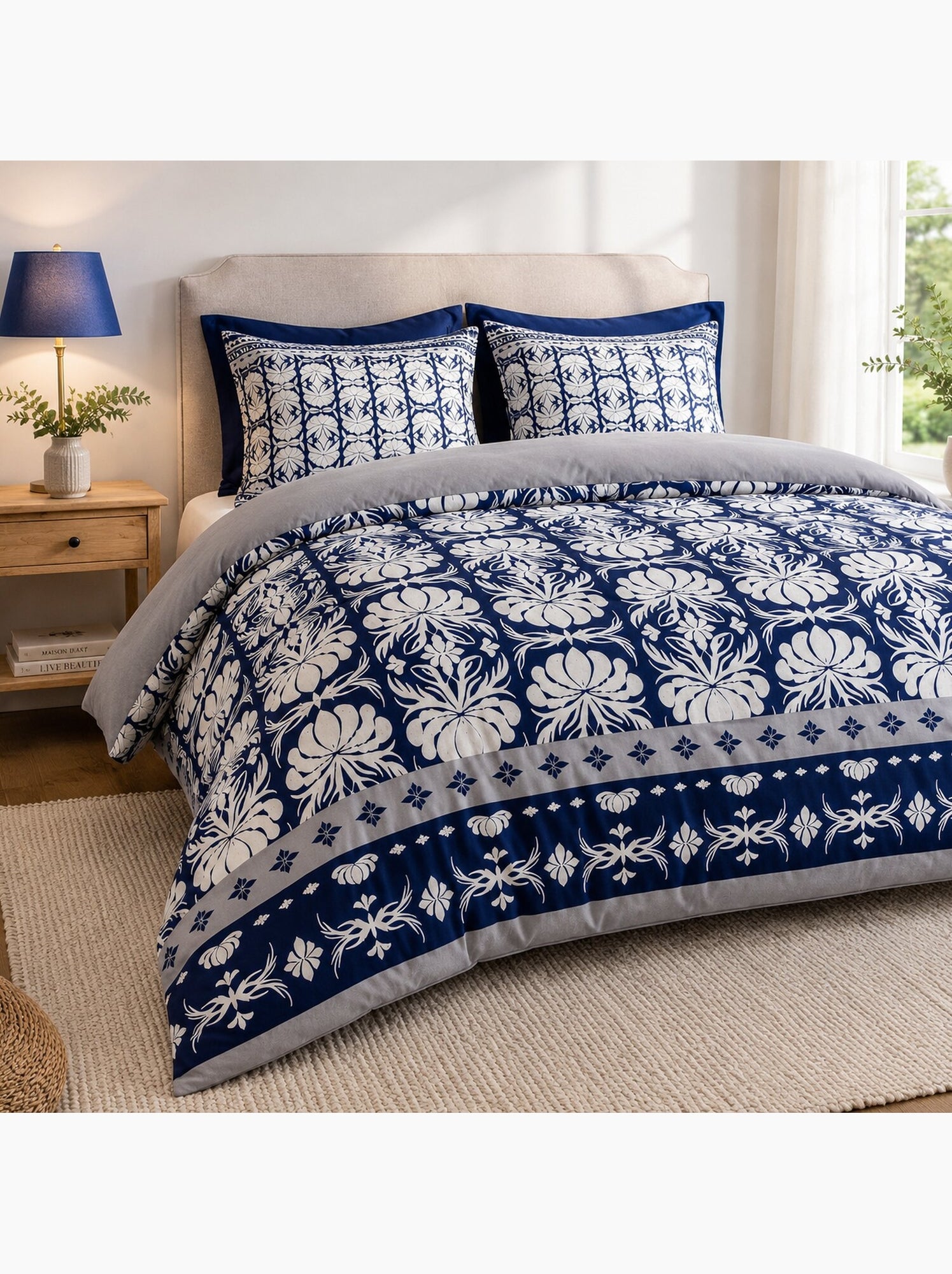 Parure housse de couette 100 % coton folk - Gris
