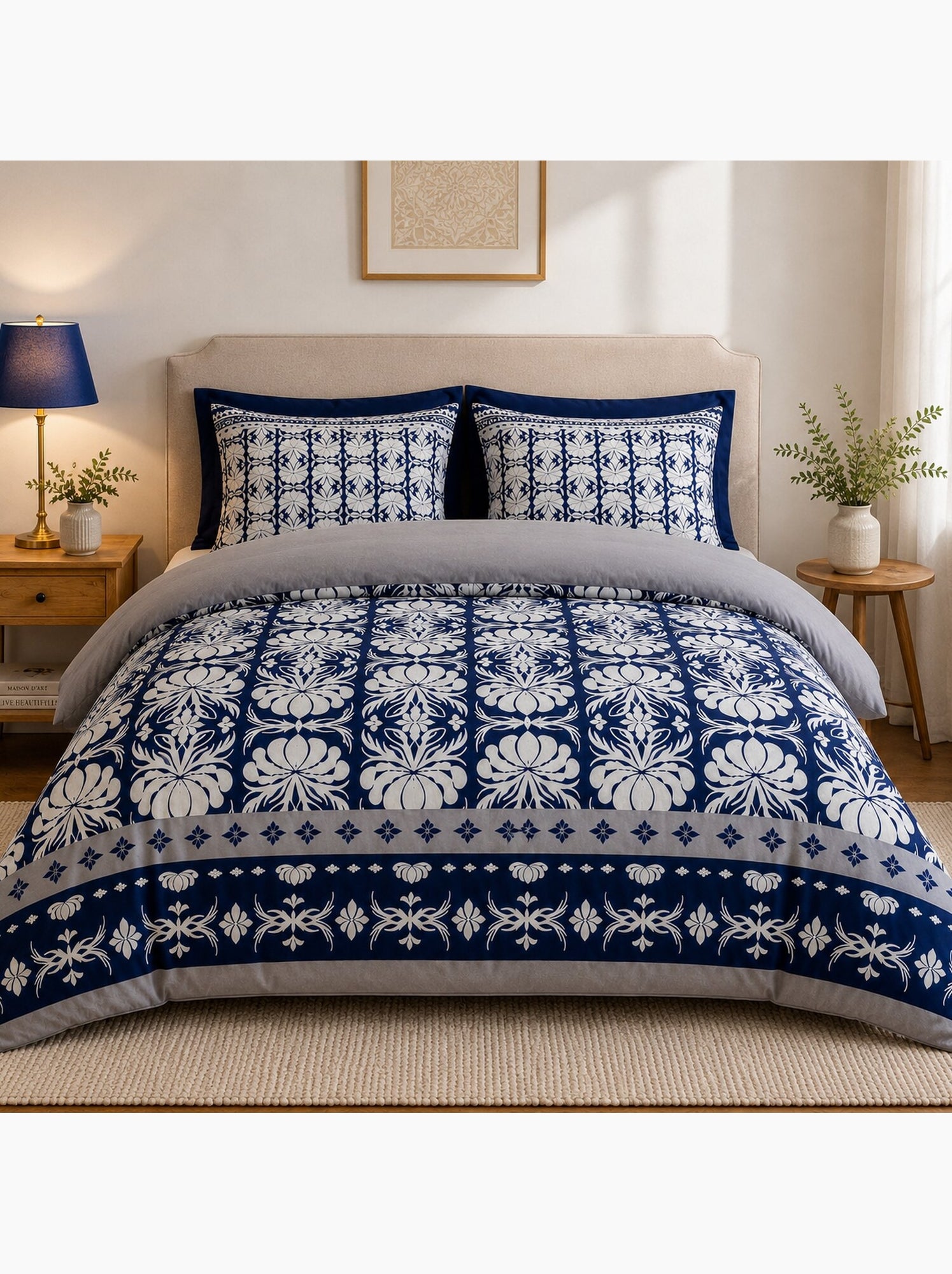 Parure housse de couette 100 % coton folk - Gris