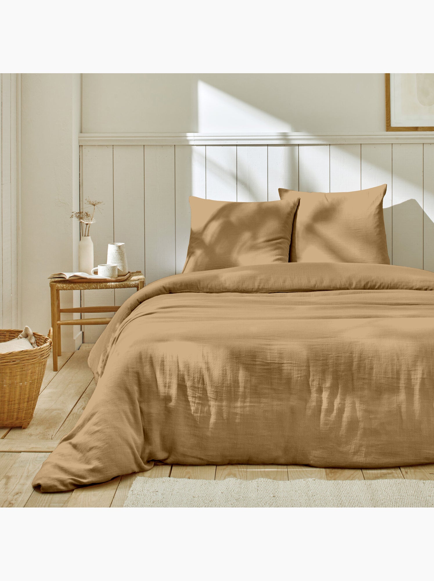 Parure housse de couette + taie(s) gaze coton ozen - Camel
