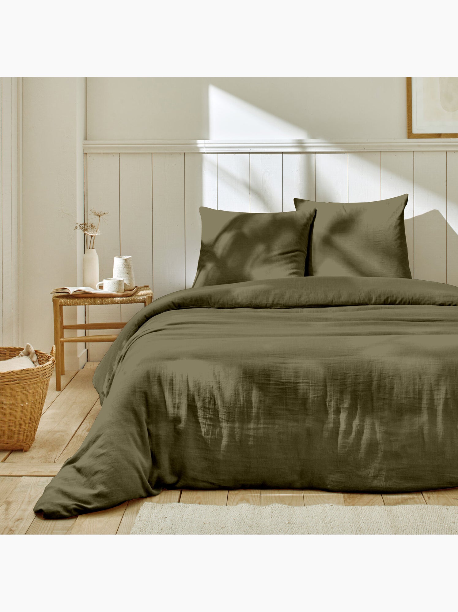 Parure housse de couette + taie(s) gaze coton ozen - Kaki