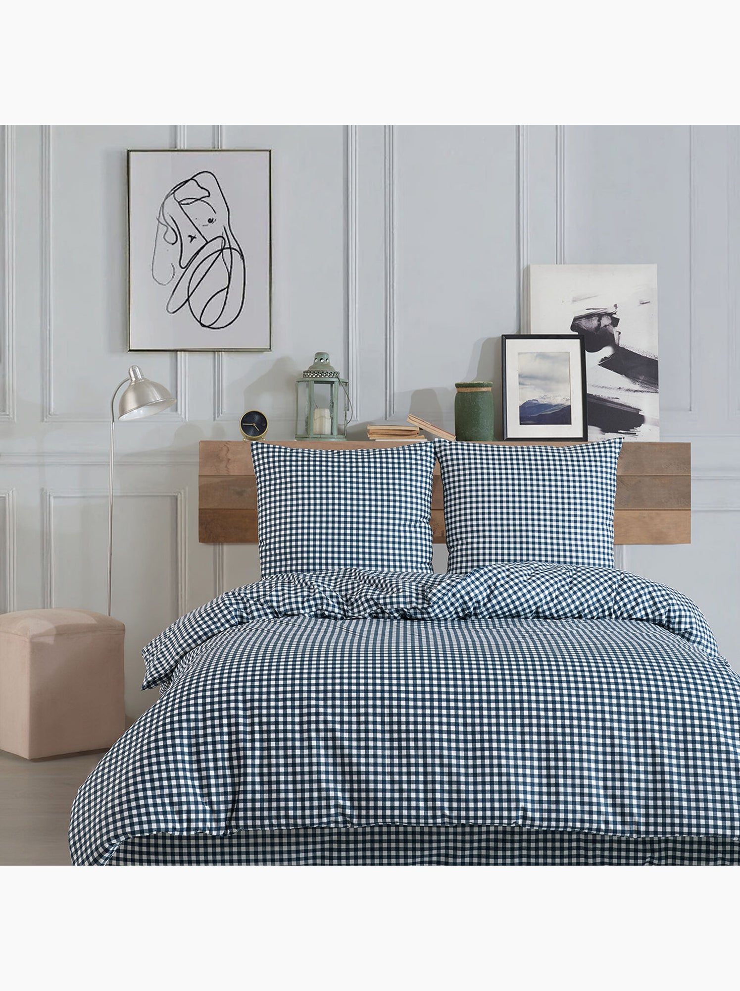 Housse de couette + taie(s) oreiller "Vichy marine" 100% coton imprimé. - Bleu