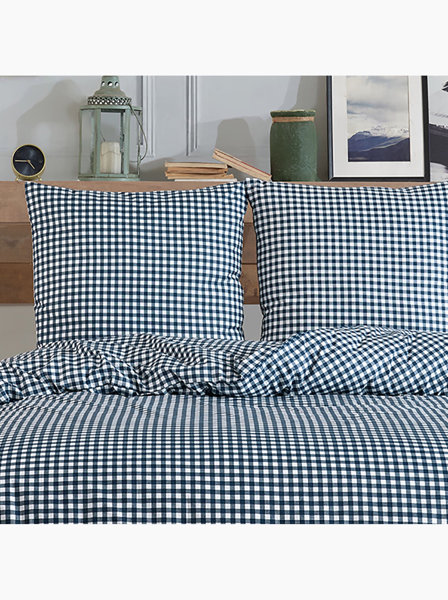 Housse de couette + taie(s) oreiller "Vichy marine" 100% coton imprimé. - Bleu