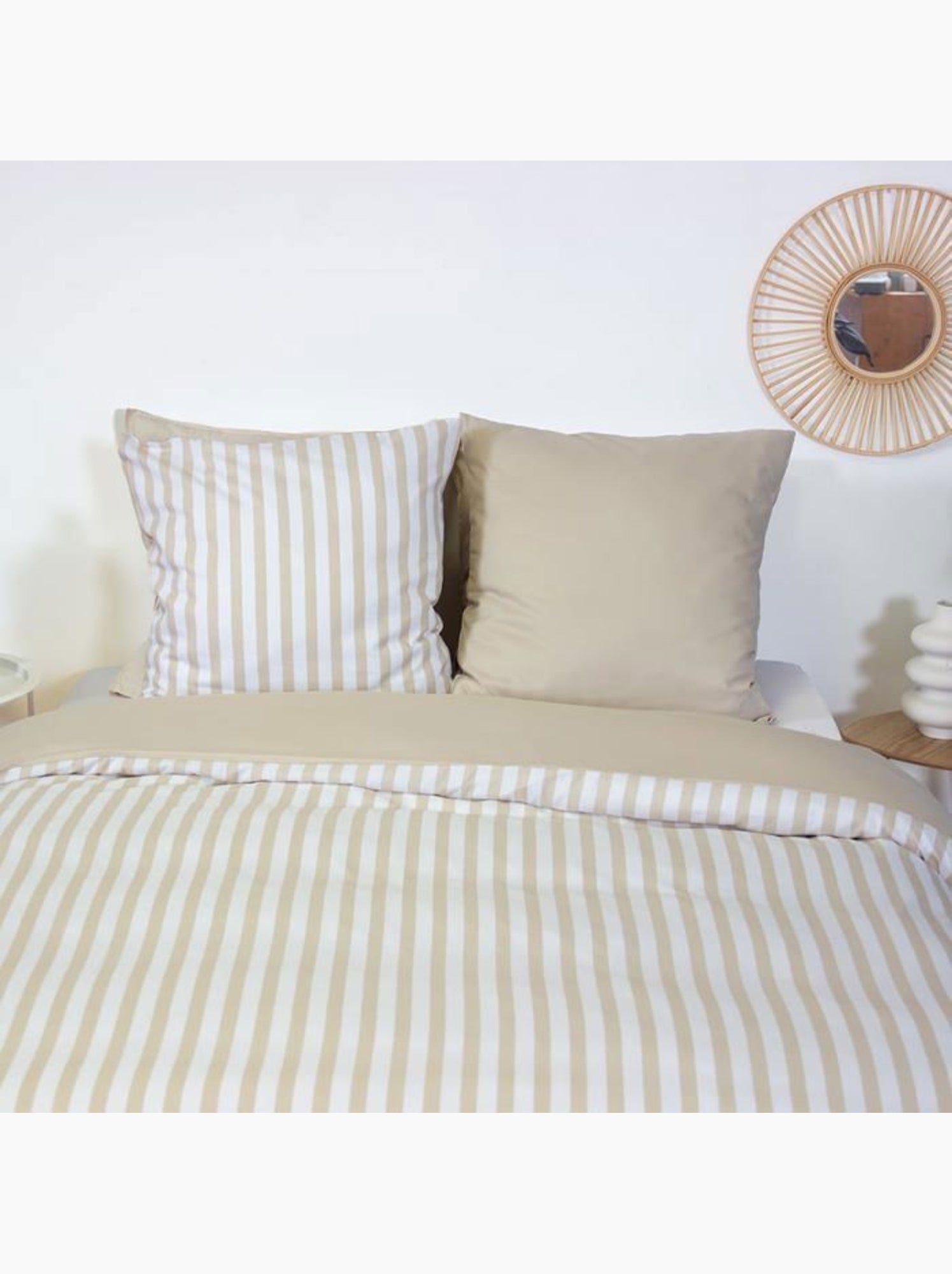 Parure housse de couette BELIL 220x240cm – 3 pièces – Rayures – 100% polyester - Beige