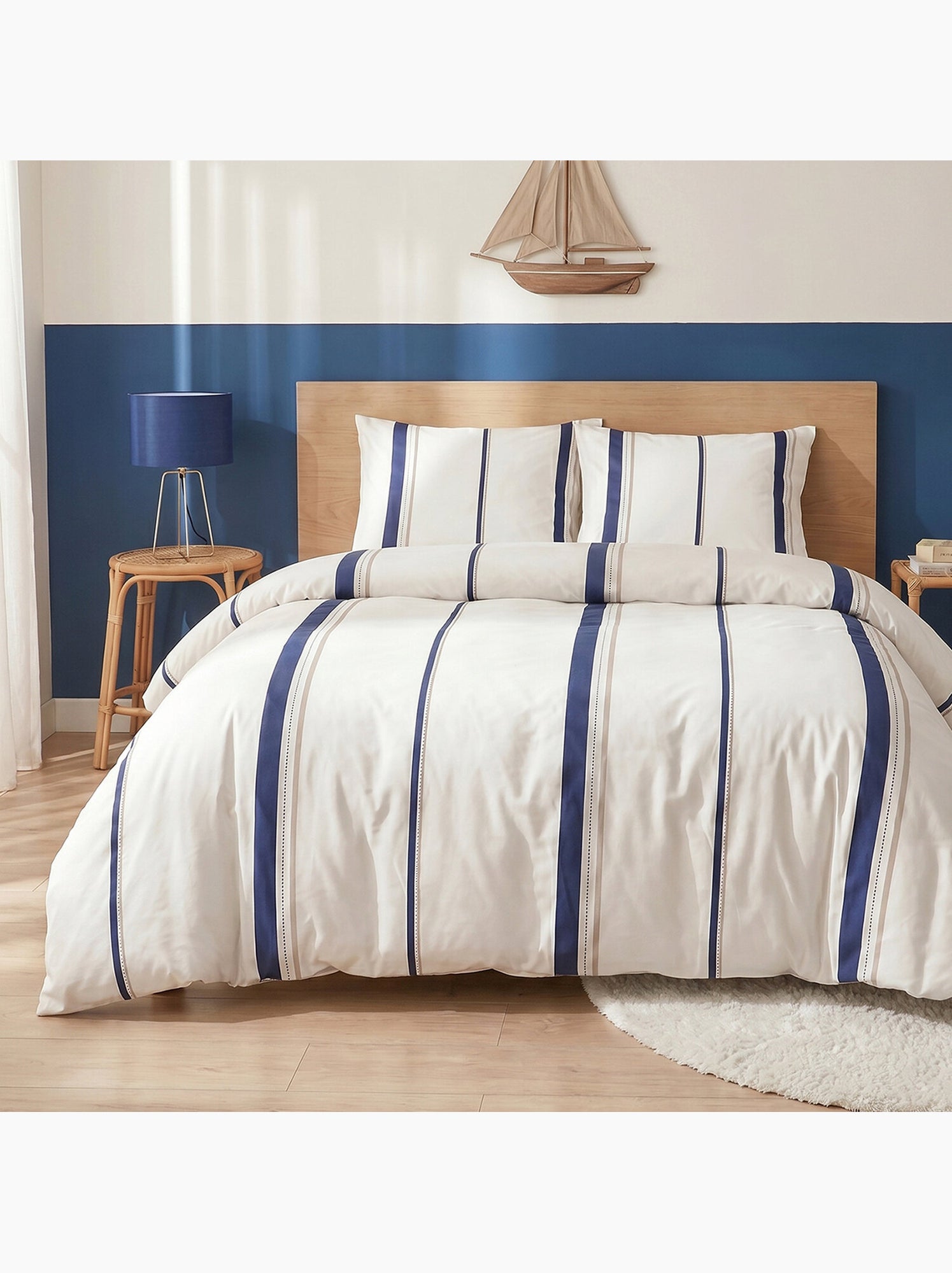 Parure housse de couette en coton imprimée rayures bleu - LORD - Multicolore