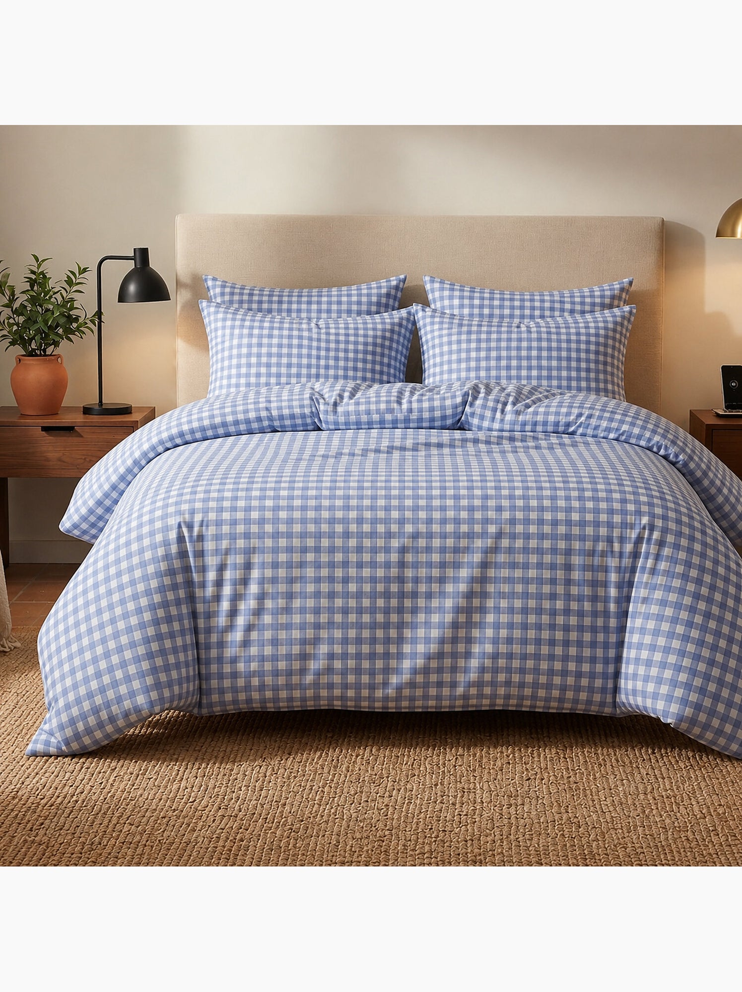 Parure housse de couette en coton imprimée Vichy bleu et blanc - CELESTIN - Multicolore