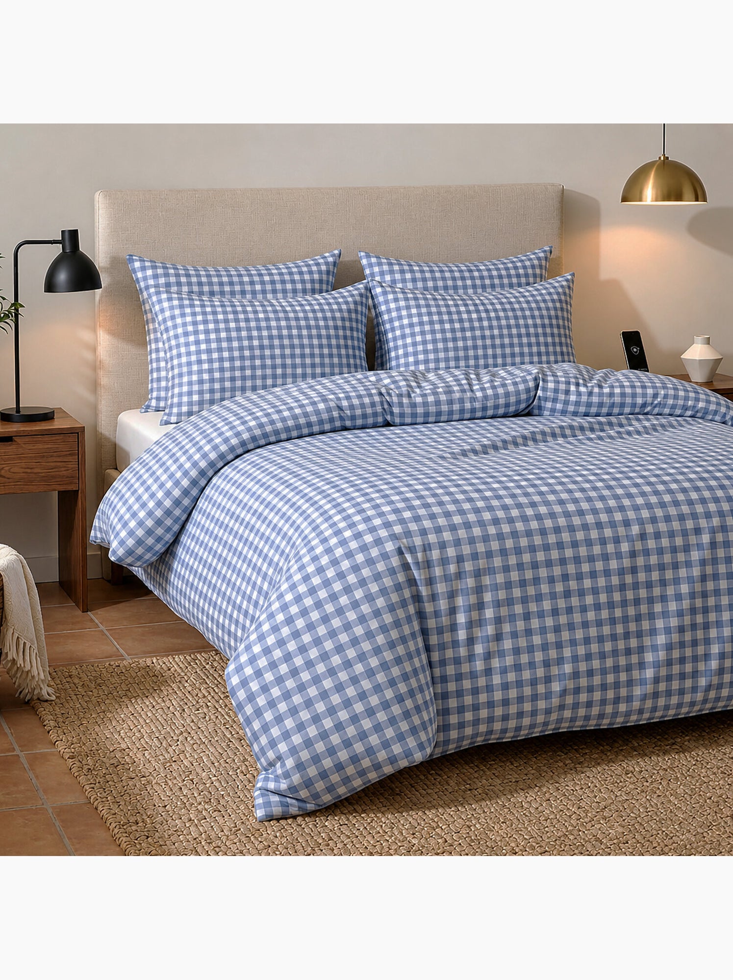 Parure housse de couette en coton imprimée Vichy bleu et blanc - CELESTIN - Multicolore