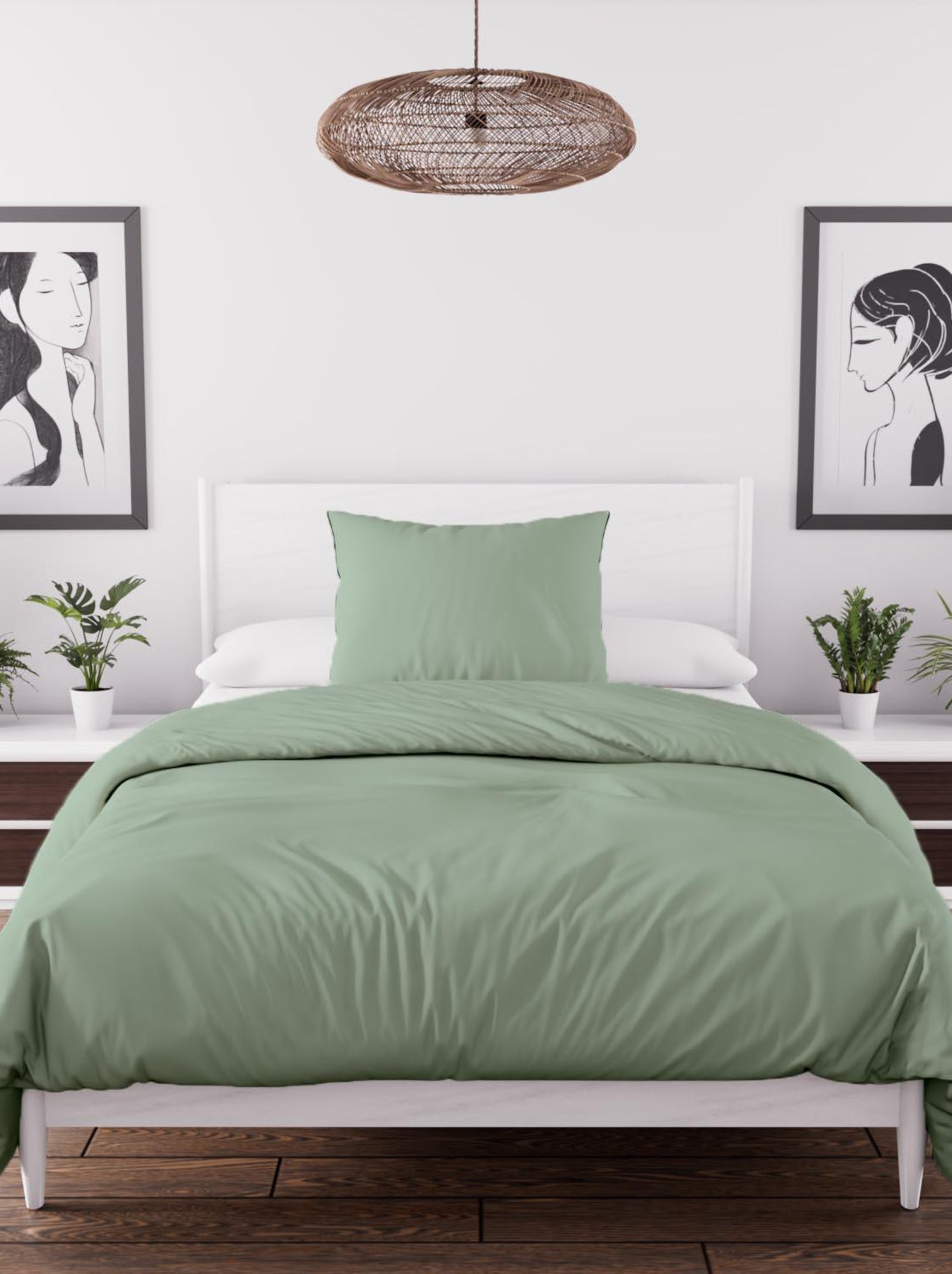 Parure housse de couette en microfibre lavée boheme, par soleil d'ocre avec 1 taie d'oreiller - Vert