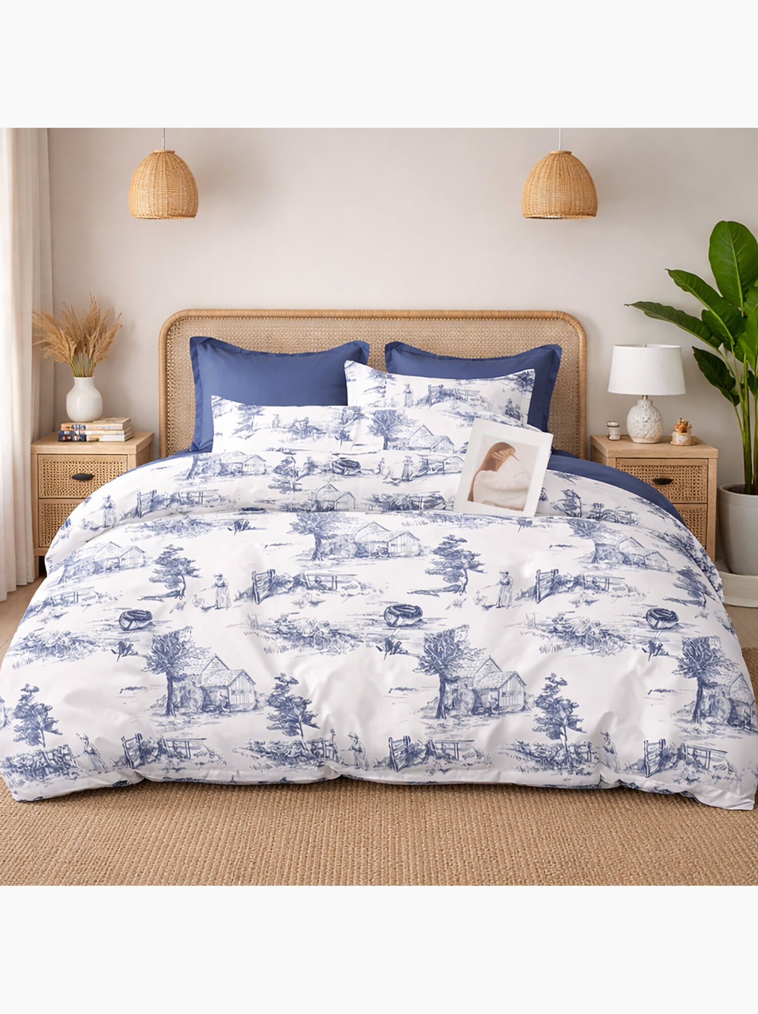 Parure housse de couette en percale de coton 240x220 cm imprimé toile de jouy - elyne - Multicolore