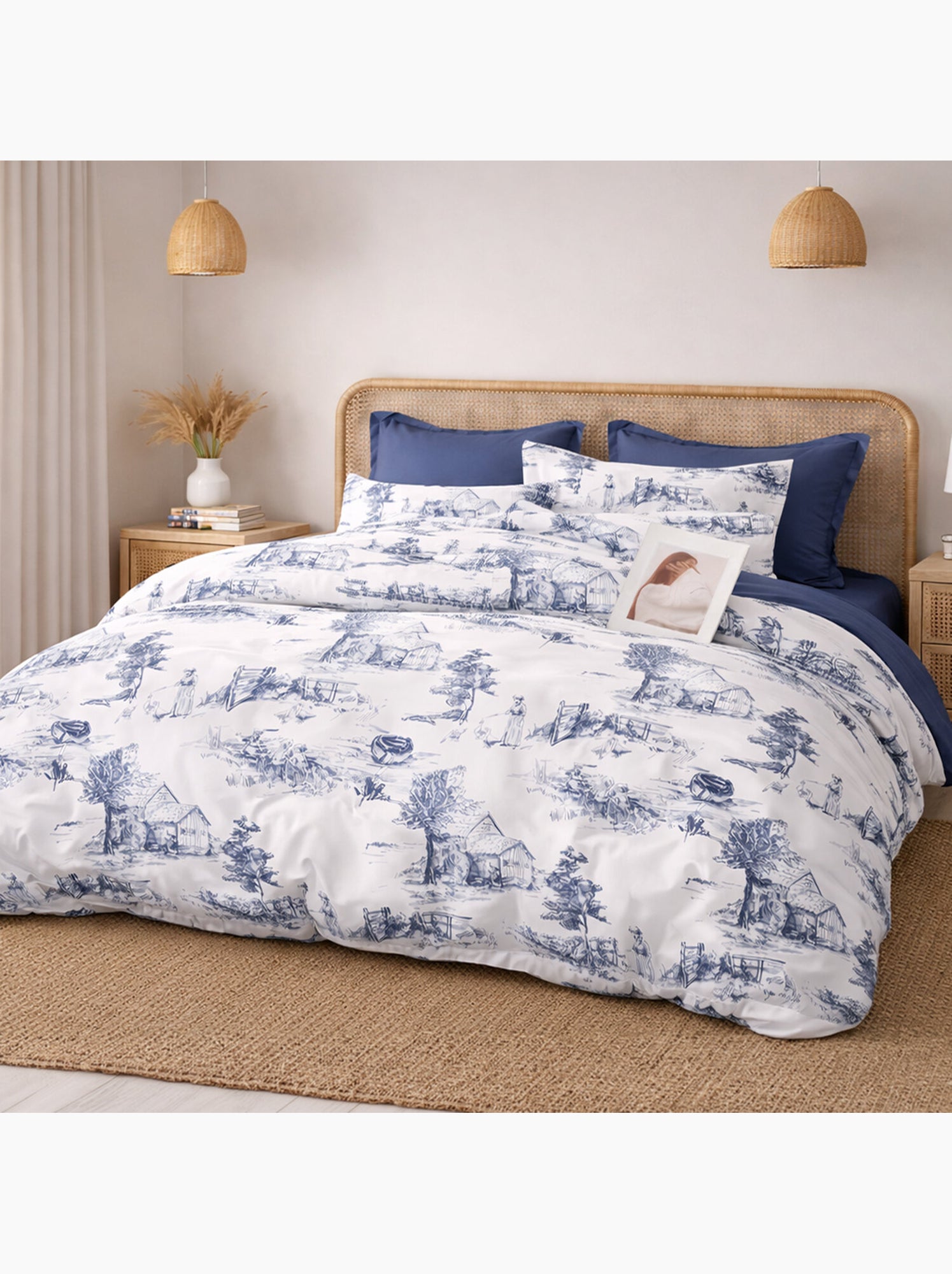 Parure housse de couette en percale de coton 240x220 cm imprimé toile de jouy - elyne - Multicolore