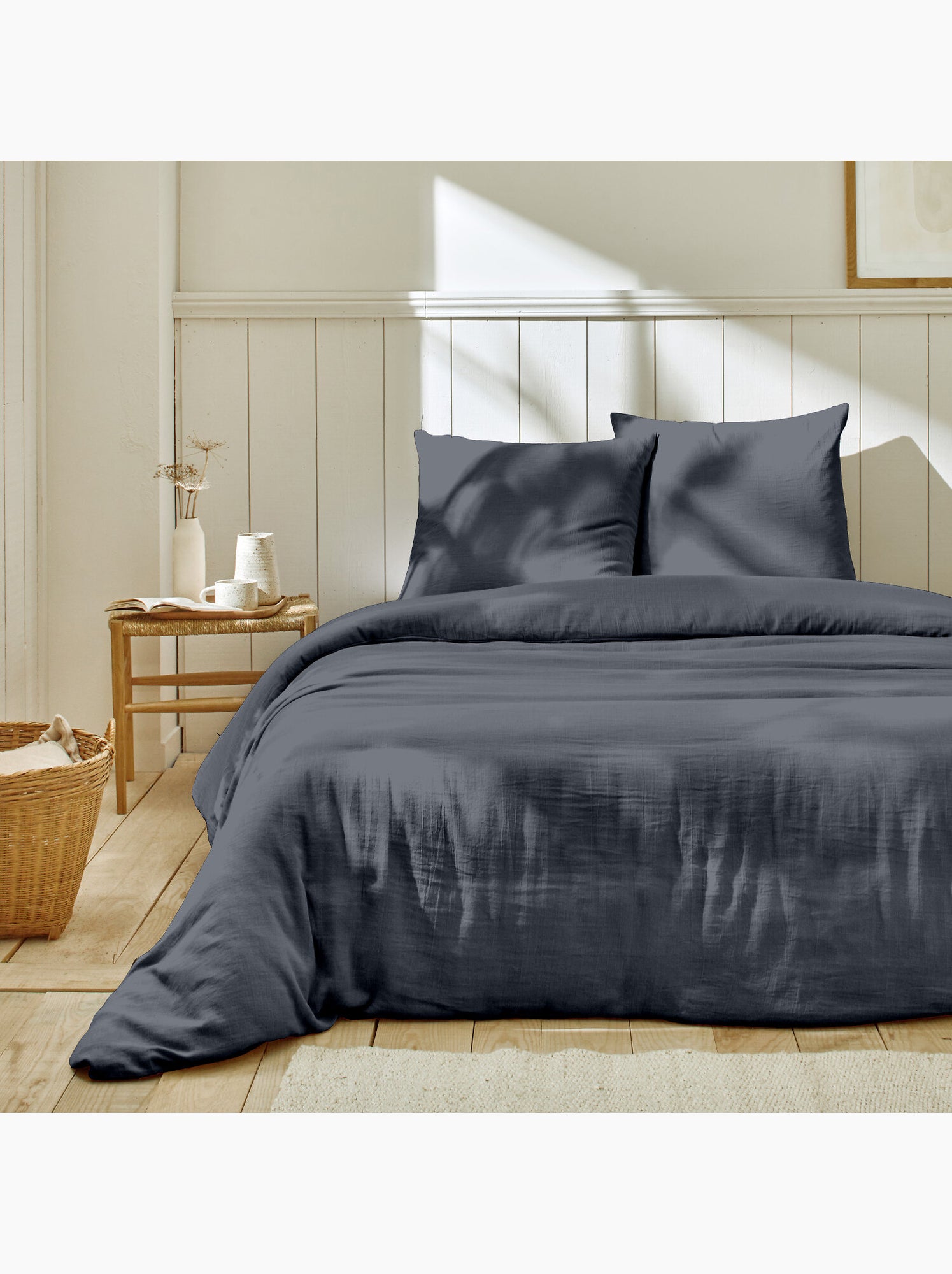 Parure housse de couette + taie(s) gaze coton ozen - Bleu jean