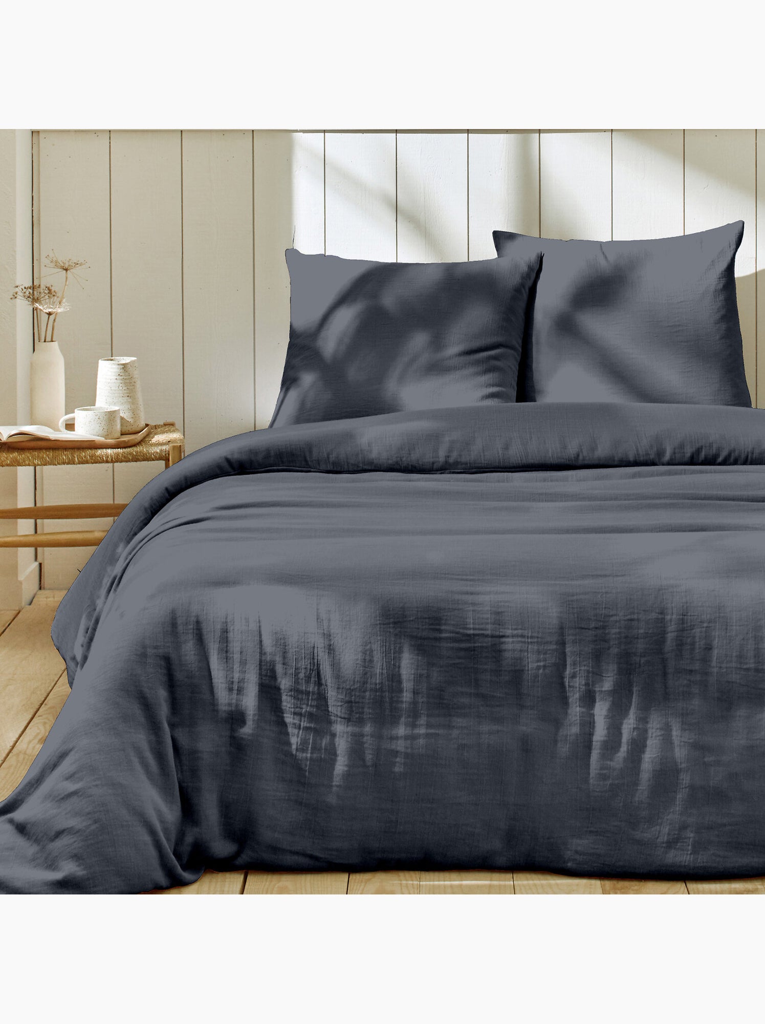 Parure housse de couette + taie(s) gaze coton ozen - Bleu jean