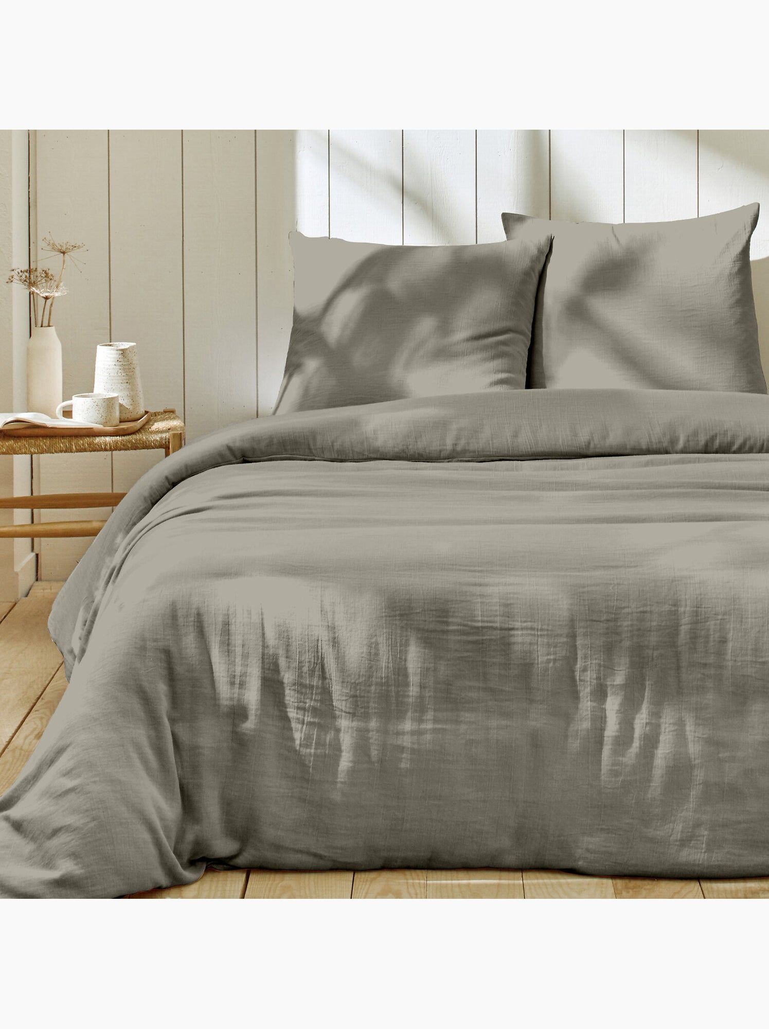 Parure housse de couette + taie(s) gaze coton ozen - Gris galet