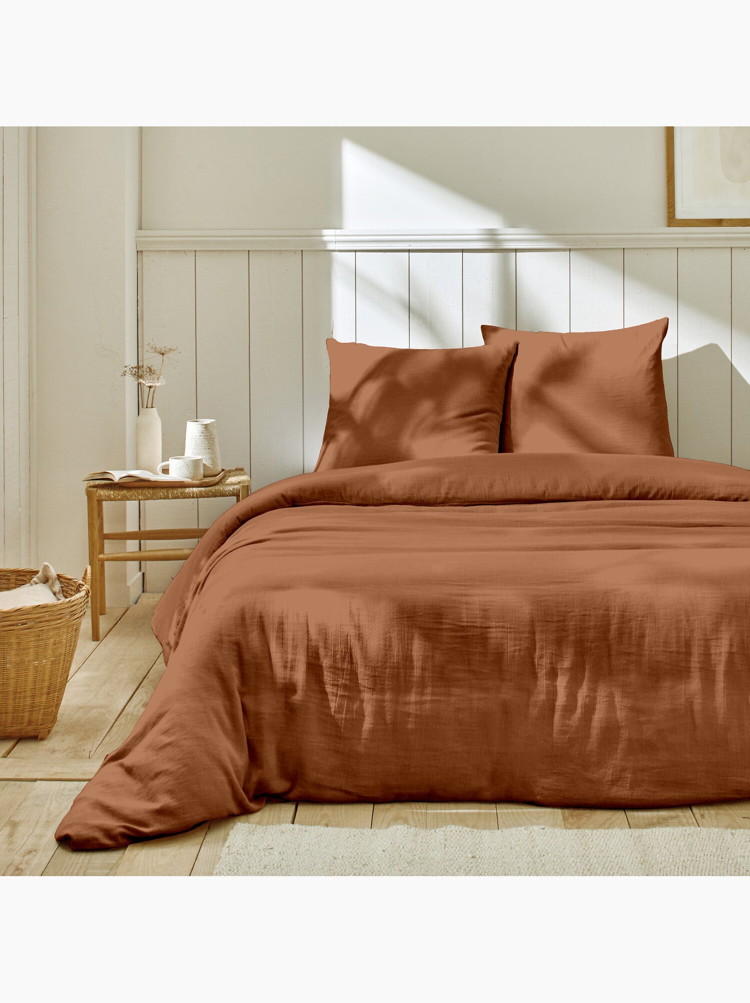 Parure housse de couette + taie(s) gaze coton ozen - Terre cuite